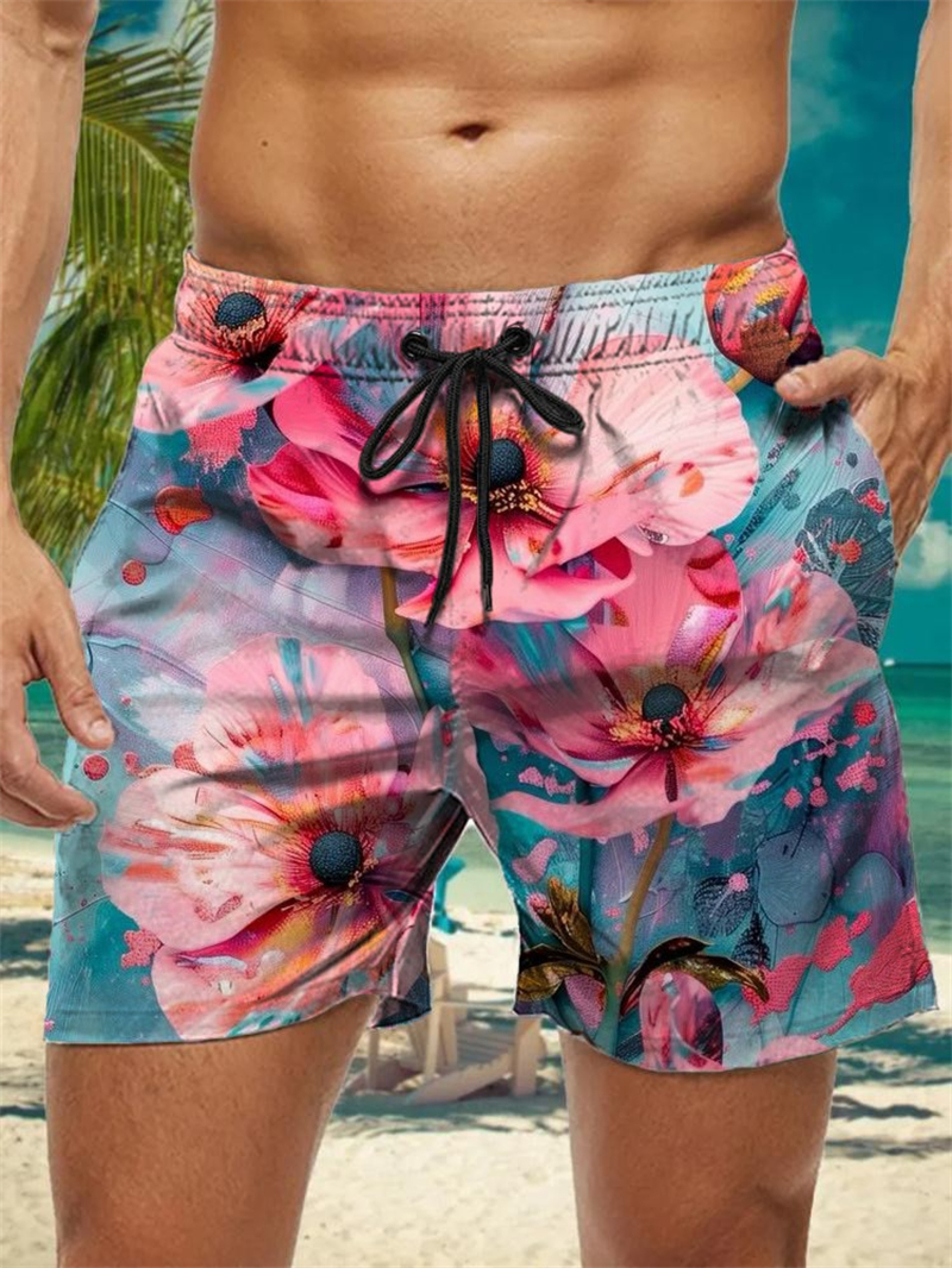 Trendy Floral Graphic Short Pants for Men, 3D Printed Hawaiian Beach Shorts Summer Fashion Vacation Oversized Swim Trunk – view 14