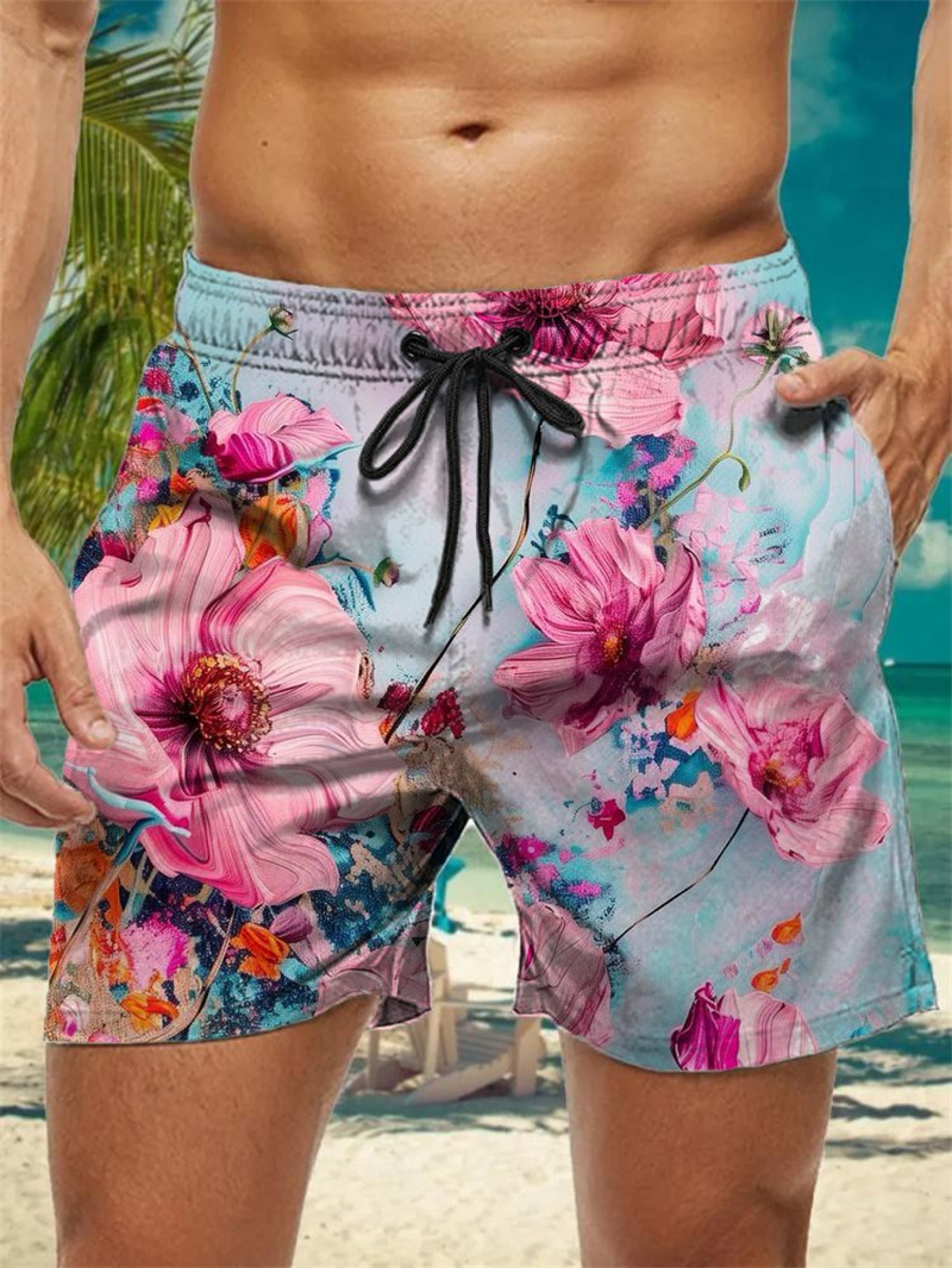 Trendy Floral Graphic Short Pants for Men, 3D Printed Hawaiian Beach Shorts Summer Fashion Vacation Oversized Swim Trunk – view 25