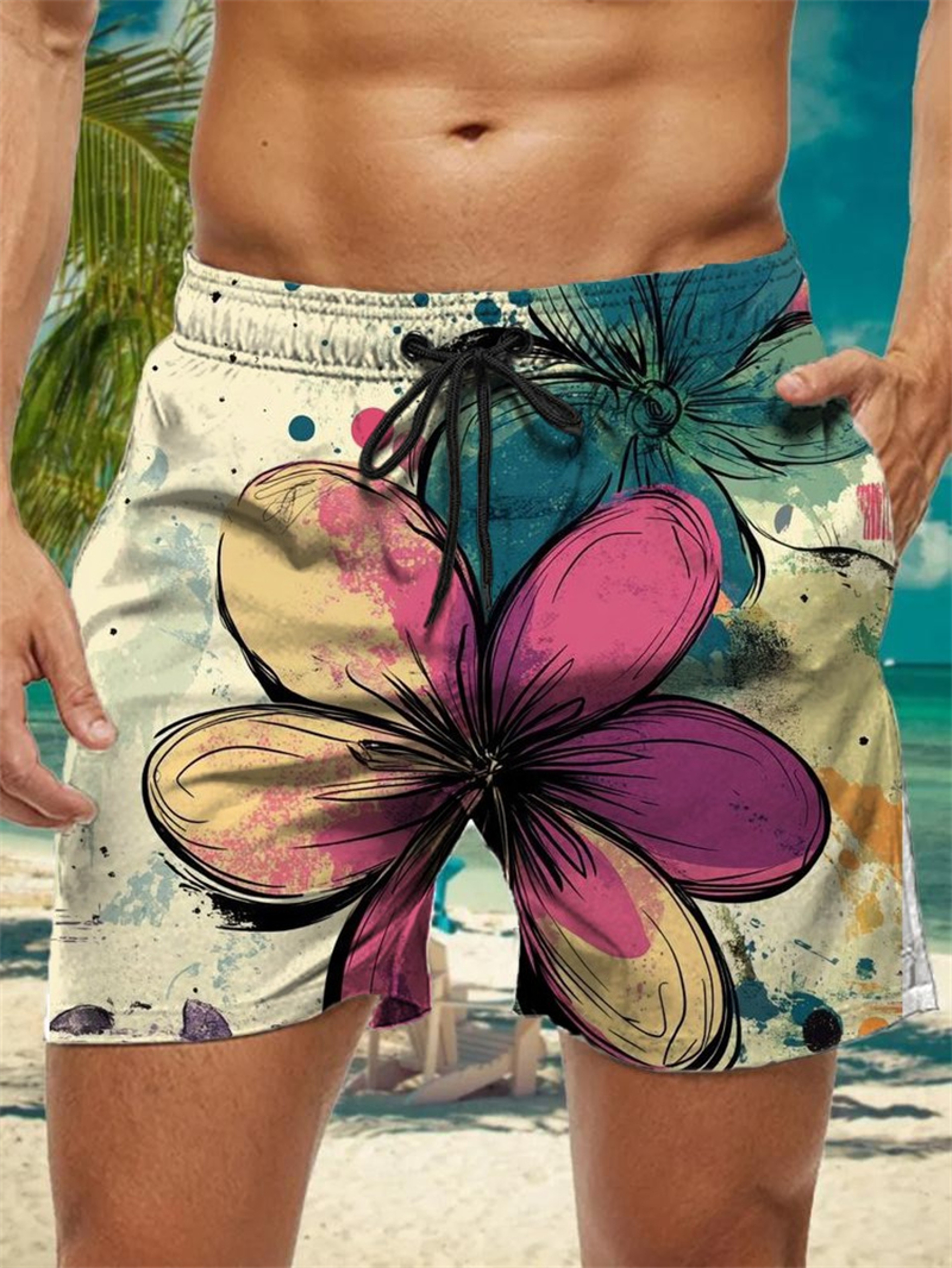 Trendy Floral Graphic Short Pants for Men, 3D Printed Hawaiian Beach Shorts Summer Fashion Vacation Oversized Swim Trunk – view 28