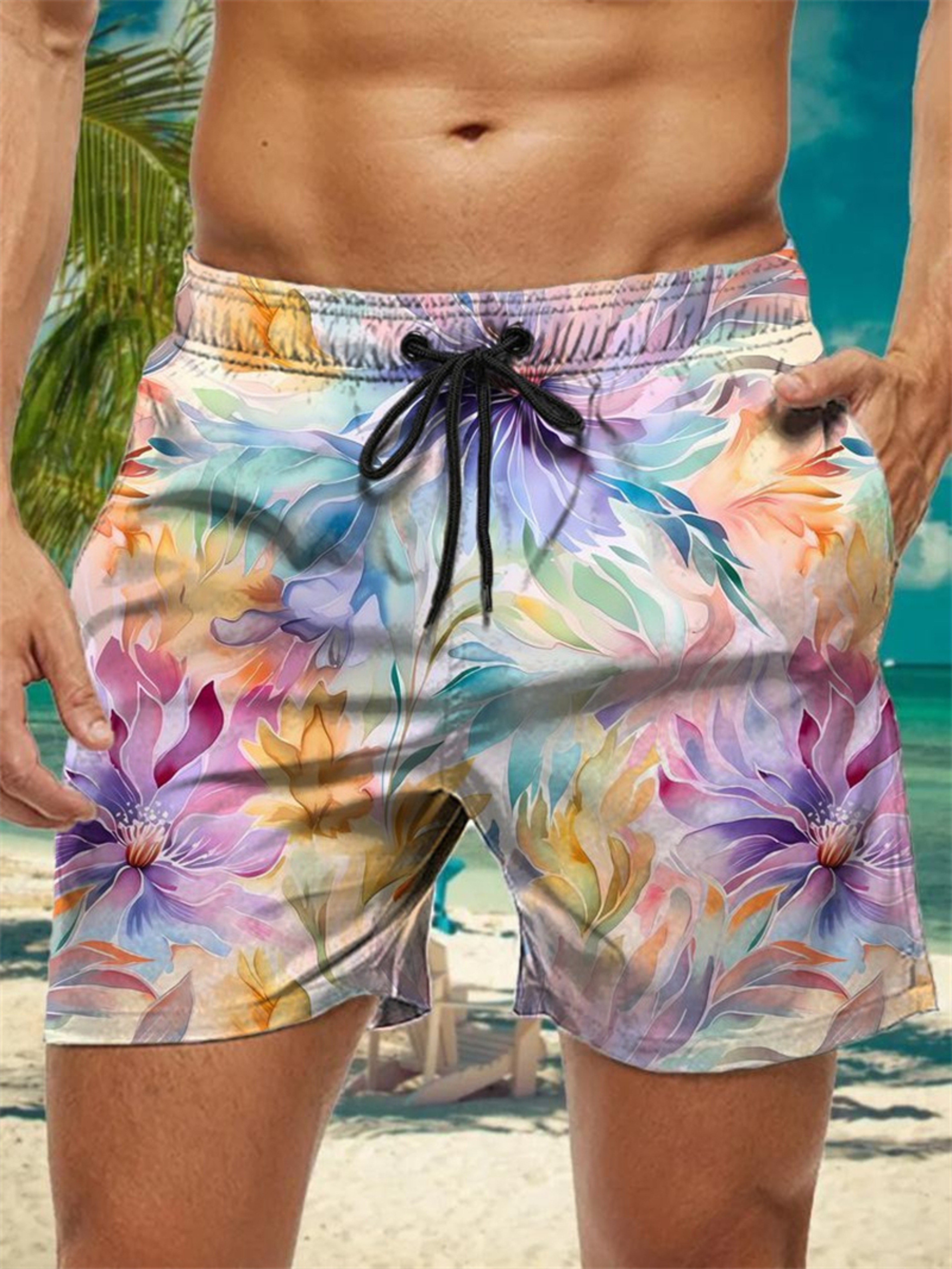 Trendy Floral Graphic Short Pants for Men, 3D Printed Hawaiian Beach Shorts Summer Fashion Vacation Oversized Swim Trunk – view 29