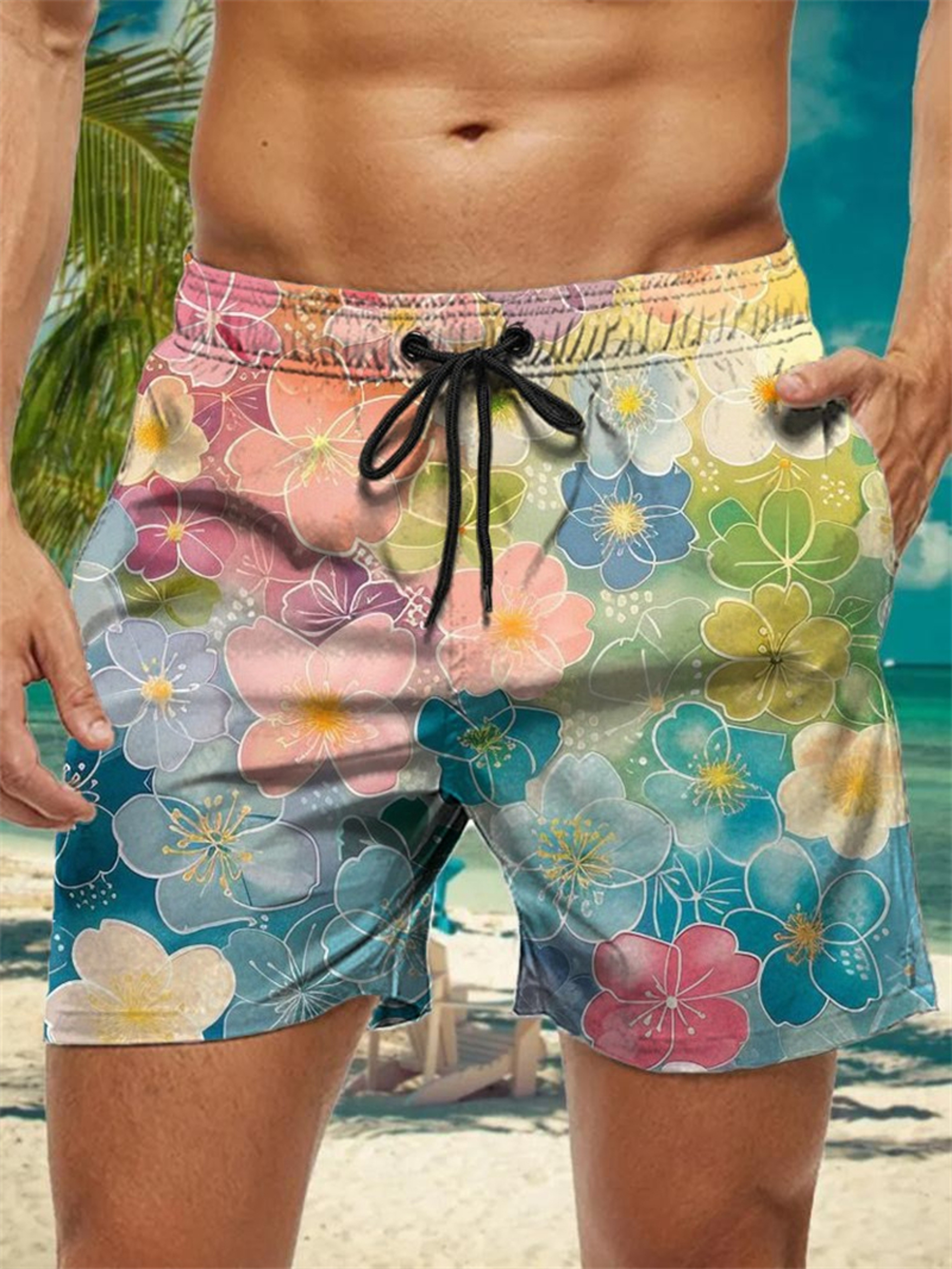 Trendy Floral Graphic Short Pants for Men, 3D Printed Hawaiian Beach Shorts Summer Fashion Vacation Oversized Swim Trunk – view 31