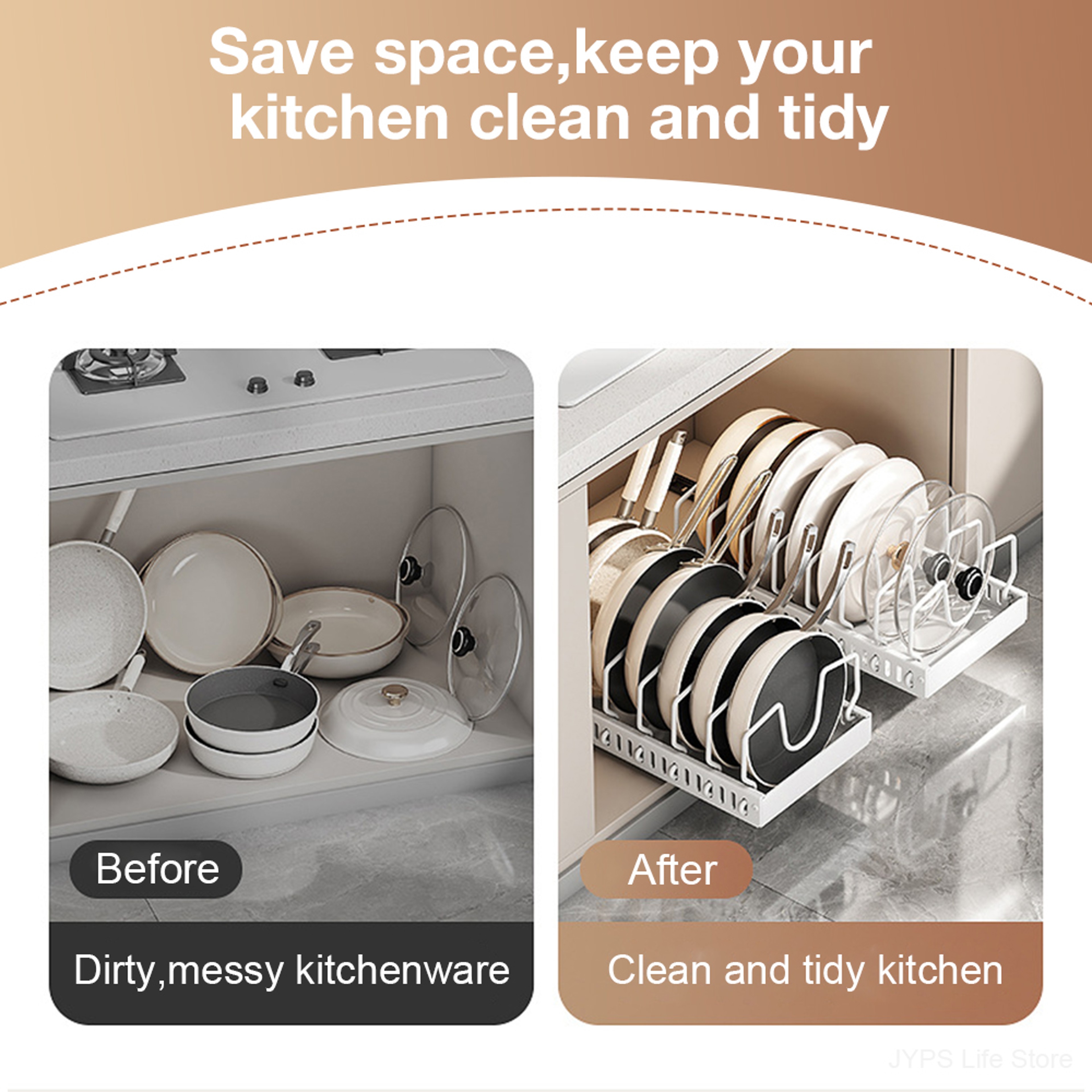 SlideEase Pull Out Pots And Pans Organizer With Adjustable Dividers For Kitchen Cabinets 4