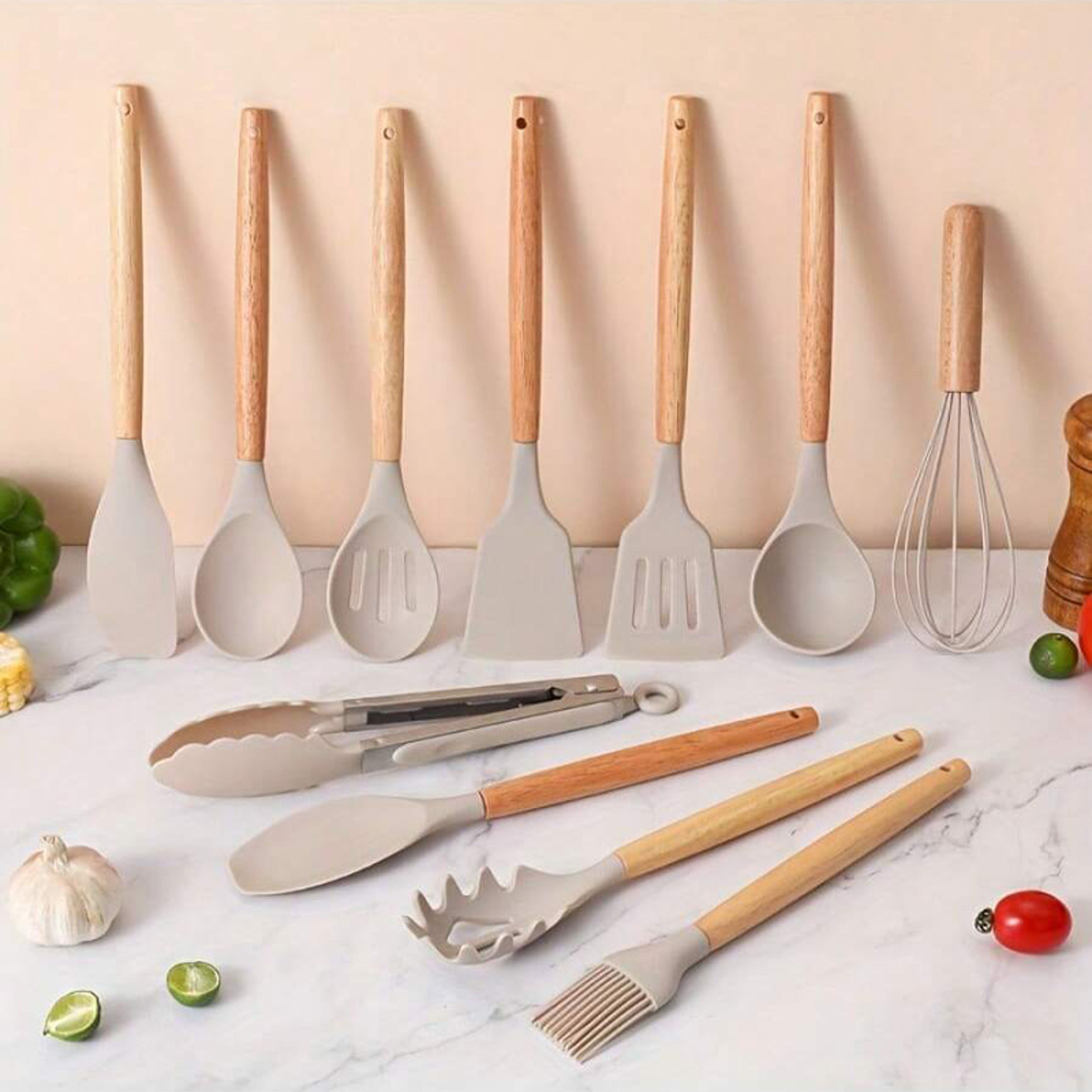 EliteChef Piece Silicone Kitchen Utensils Set with Wooden Handles for Non Stick Cookware – view 1