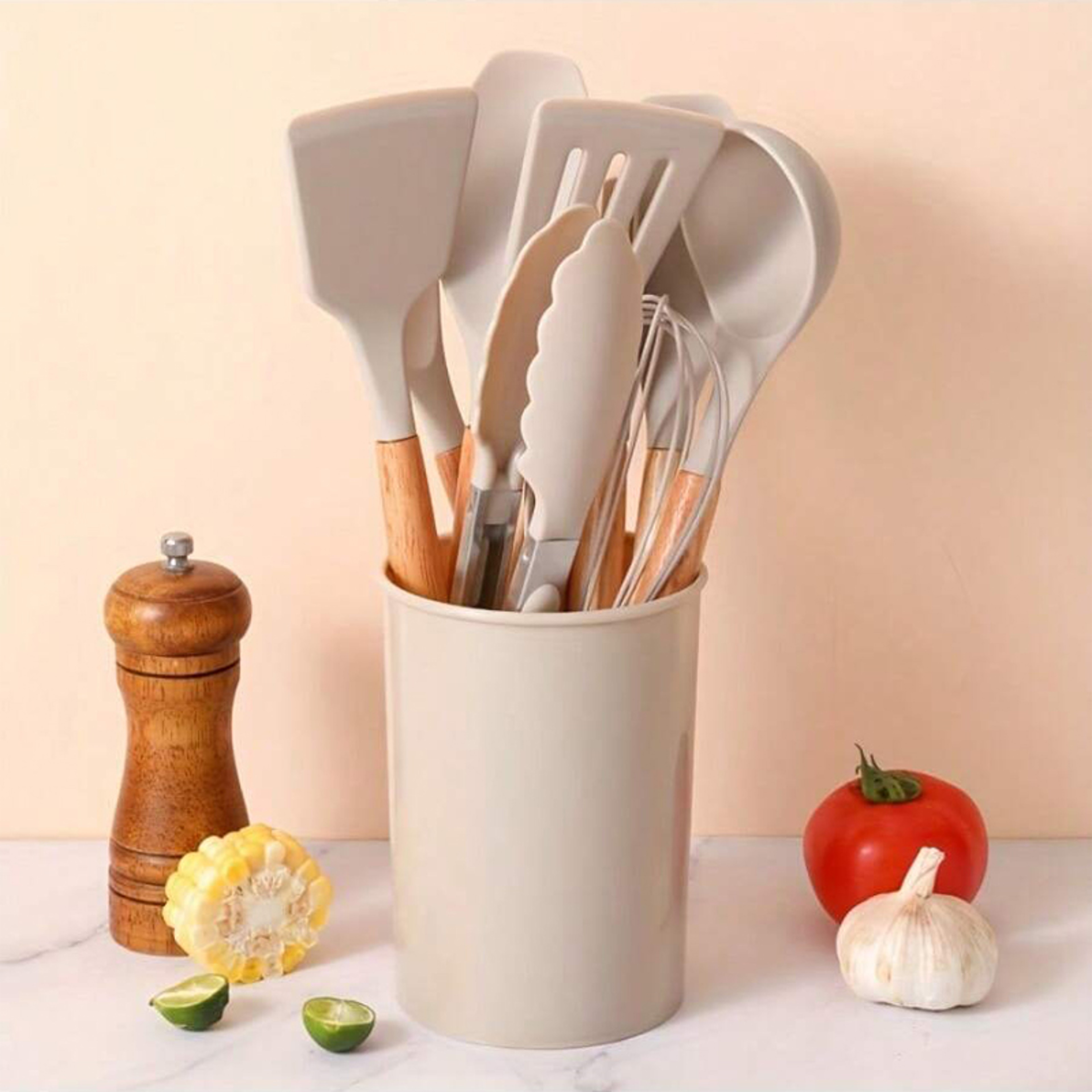 EliteChef Piece Silicone Kitchen Utensils Set with Wooden Handles for Non Stick Cookware – view 3
