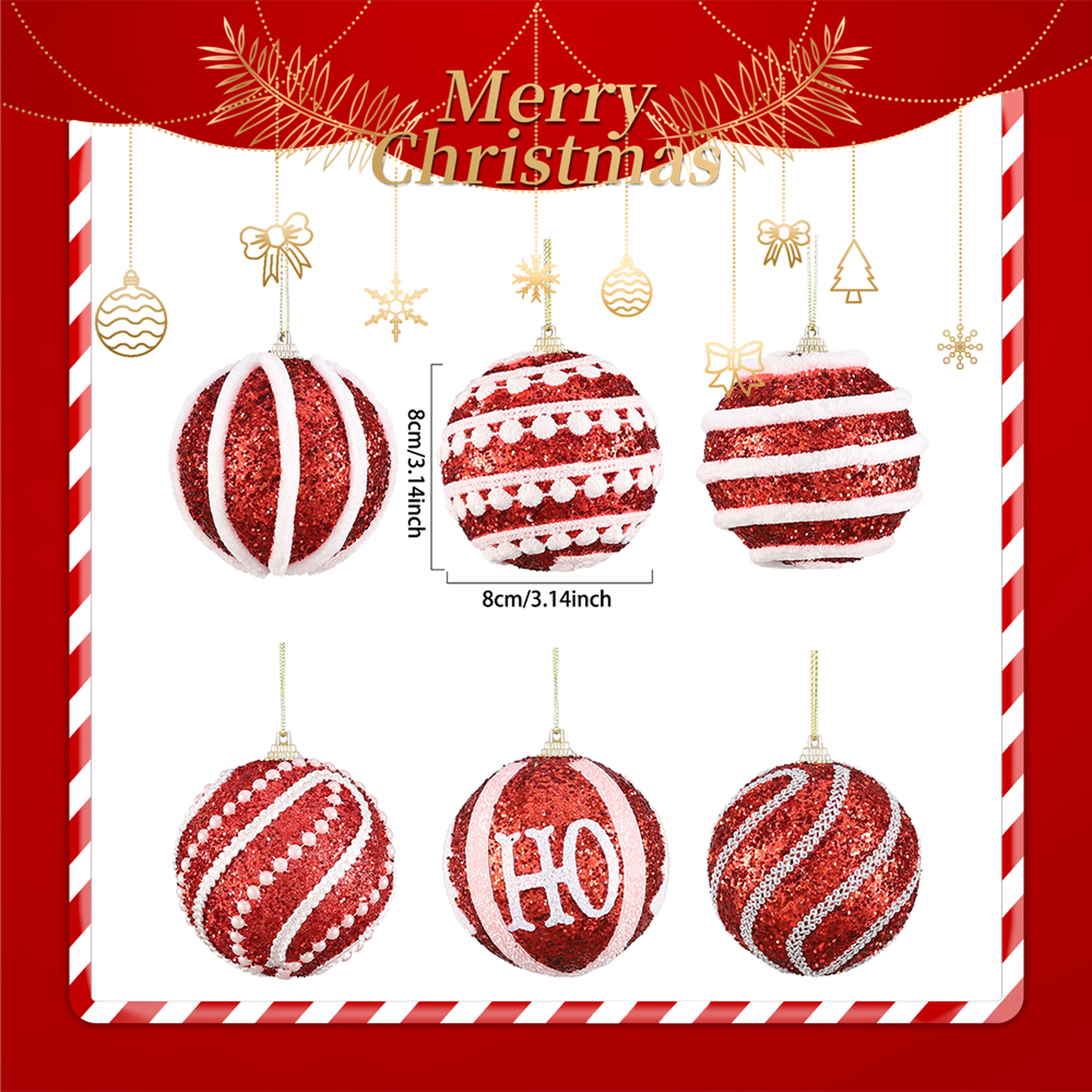 Christmas Ball Ornaments 6pcs 8cm, Red White Hanging Tree Decorations, Holiday New Year Navidad Home Decor – view 6