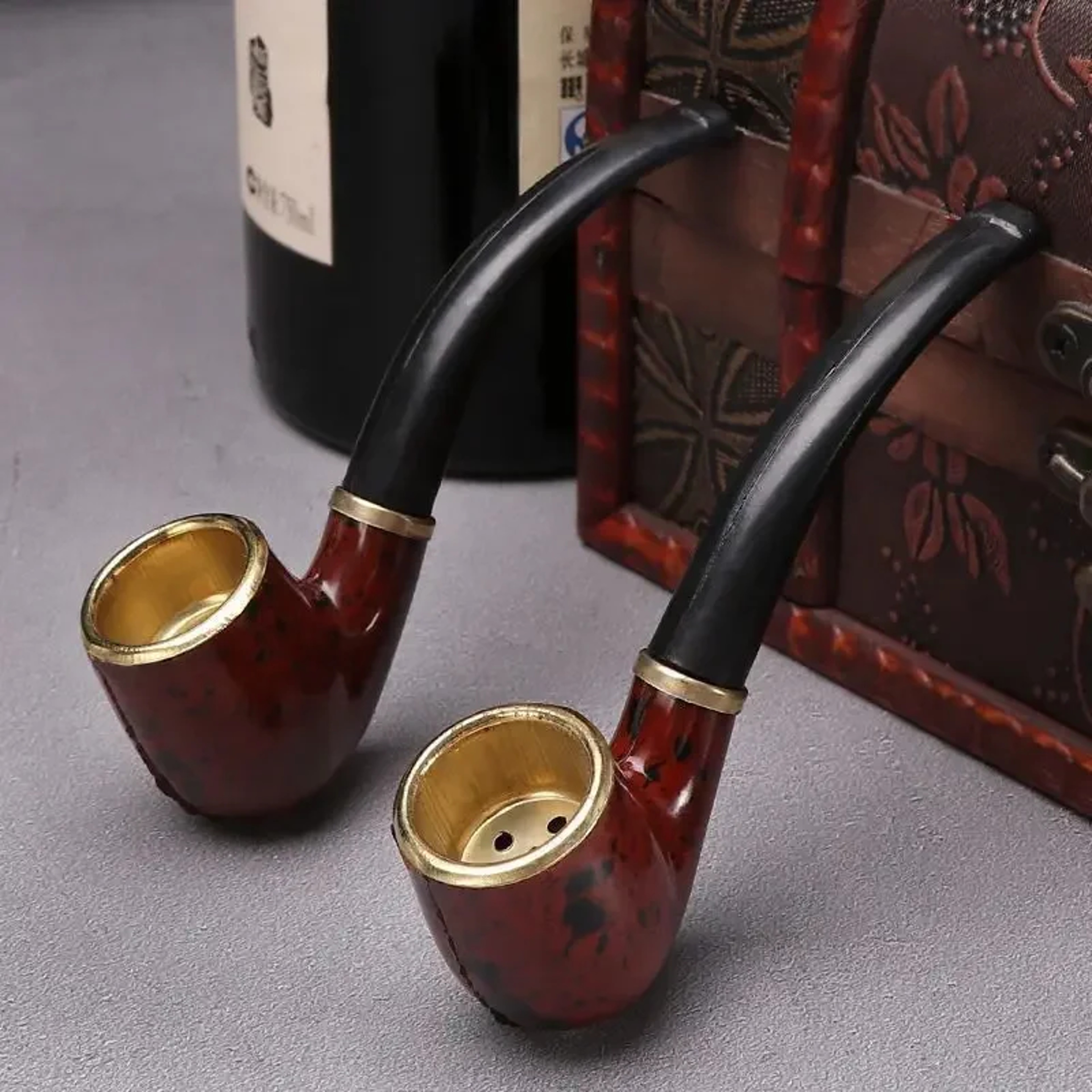 Classic Resin Pipe for Men, New Imitation Wood Pipe, Portable Copper Pot Bent Design, Durable Mini Cigarette Pipe – view 3