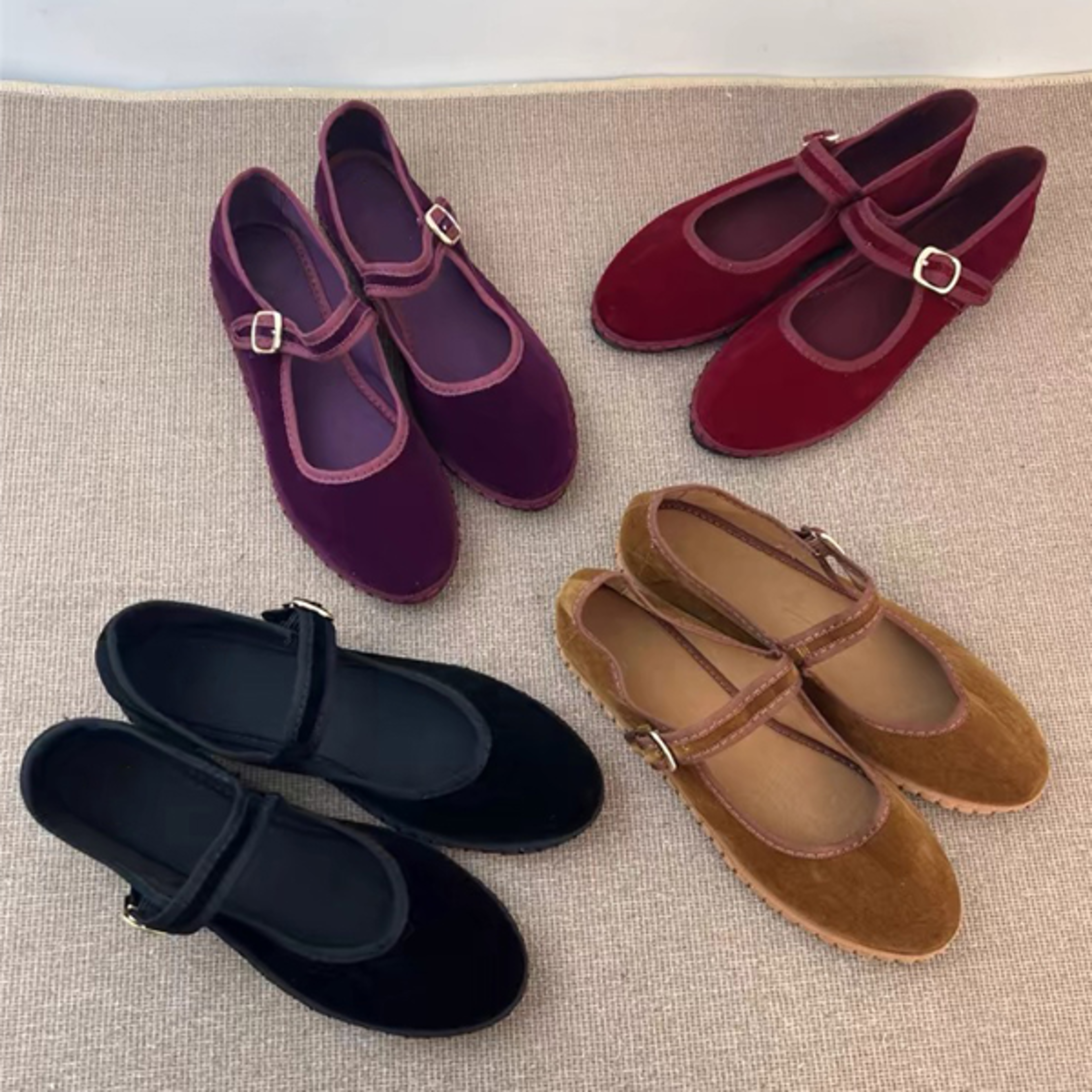 Velvet Mary Jane Shoes For Women HandStitched Casual Streetwear Ballet Flats With Buckle Strap 0