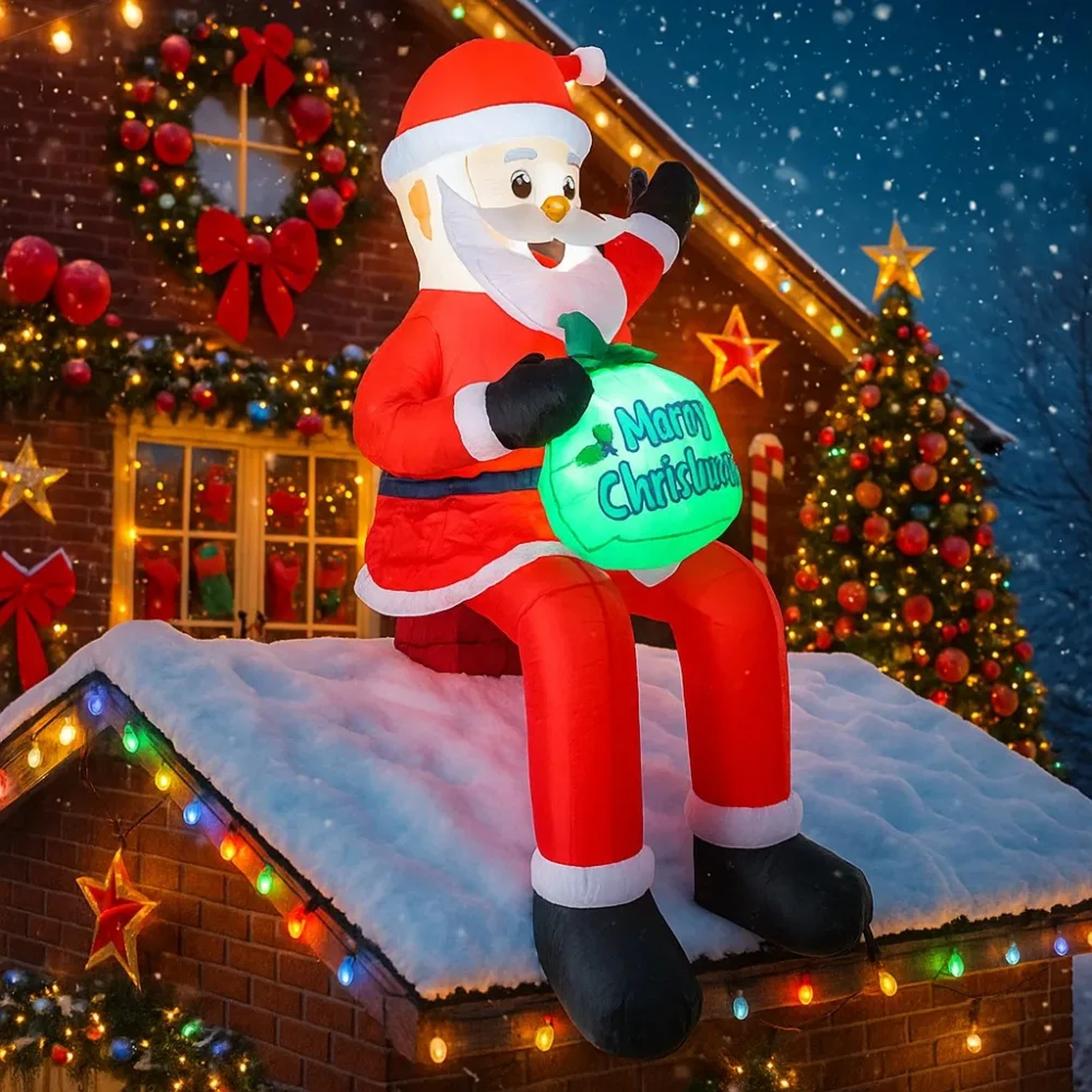 LED Holiday Lights Inflatable Santa Claus On Roof Xmas Yard Decoration With Gift Bag 1
