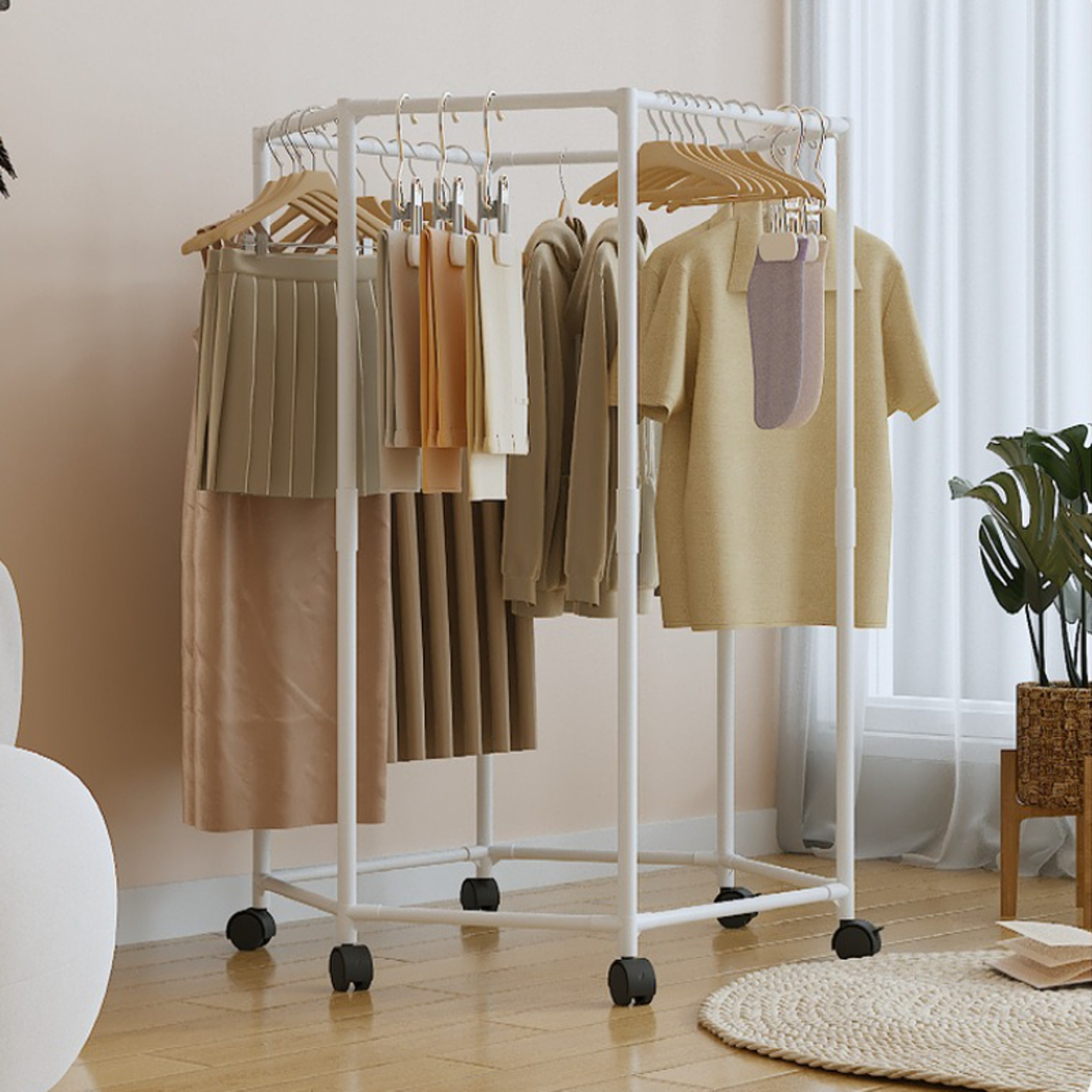 Movable Garment Organizer Hexagon Rotating Clothes Rack Dormitory Coat Hanger Stand Indoor Hat Dryi 1