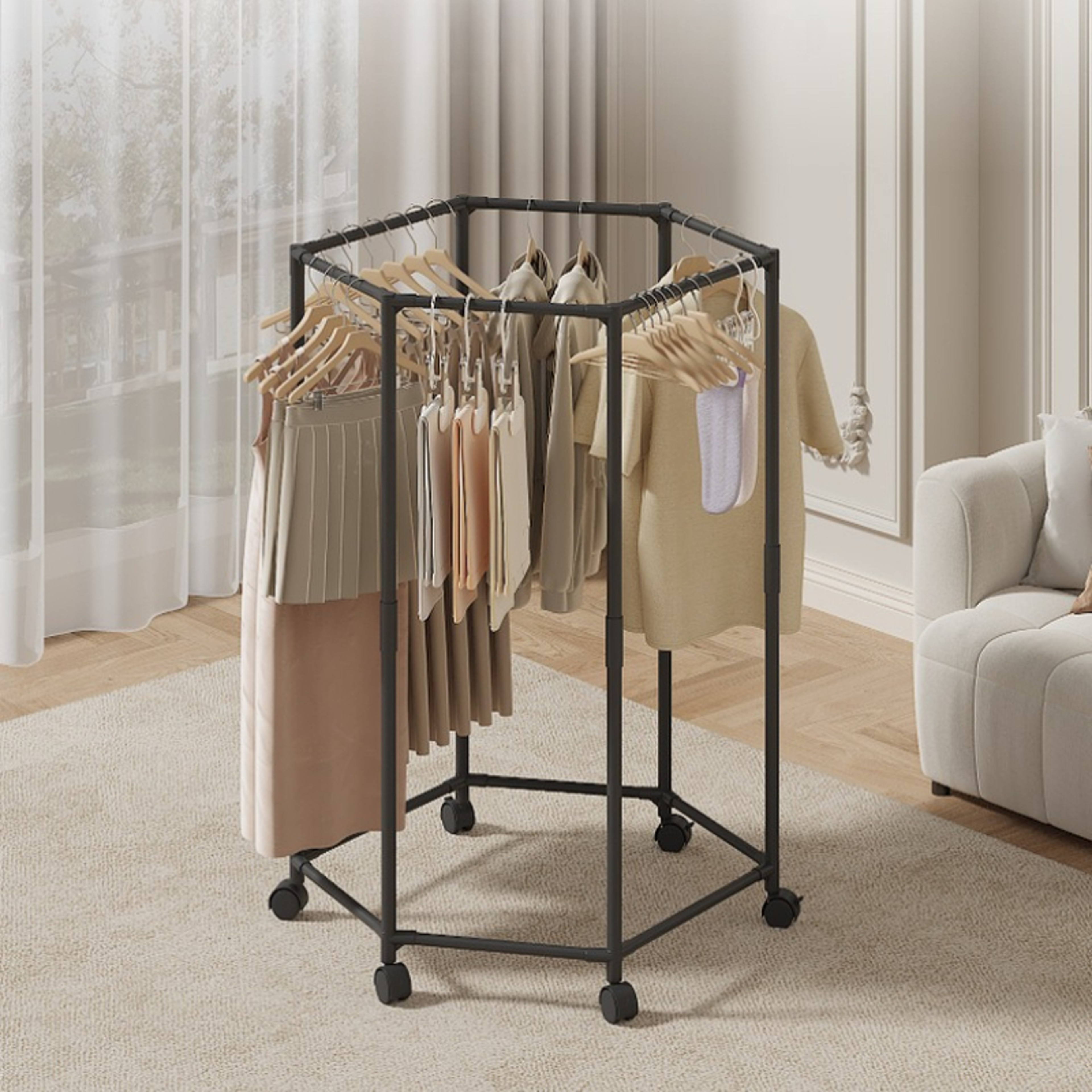 Movable Garment Organizer Hexagon Rotating Clothes Rack Dormitory Coat Hanger Stand Indoor Hat Dryi 2