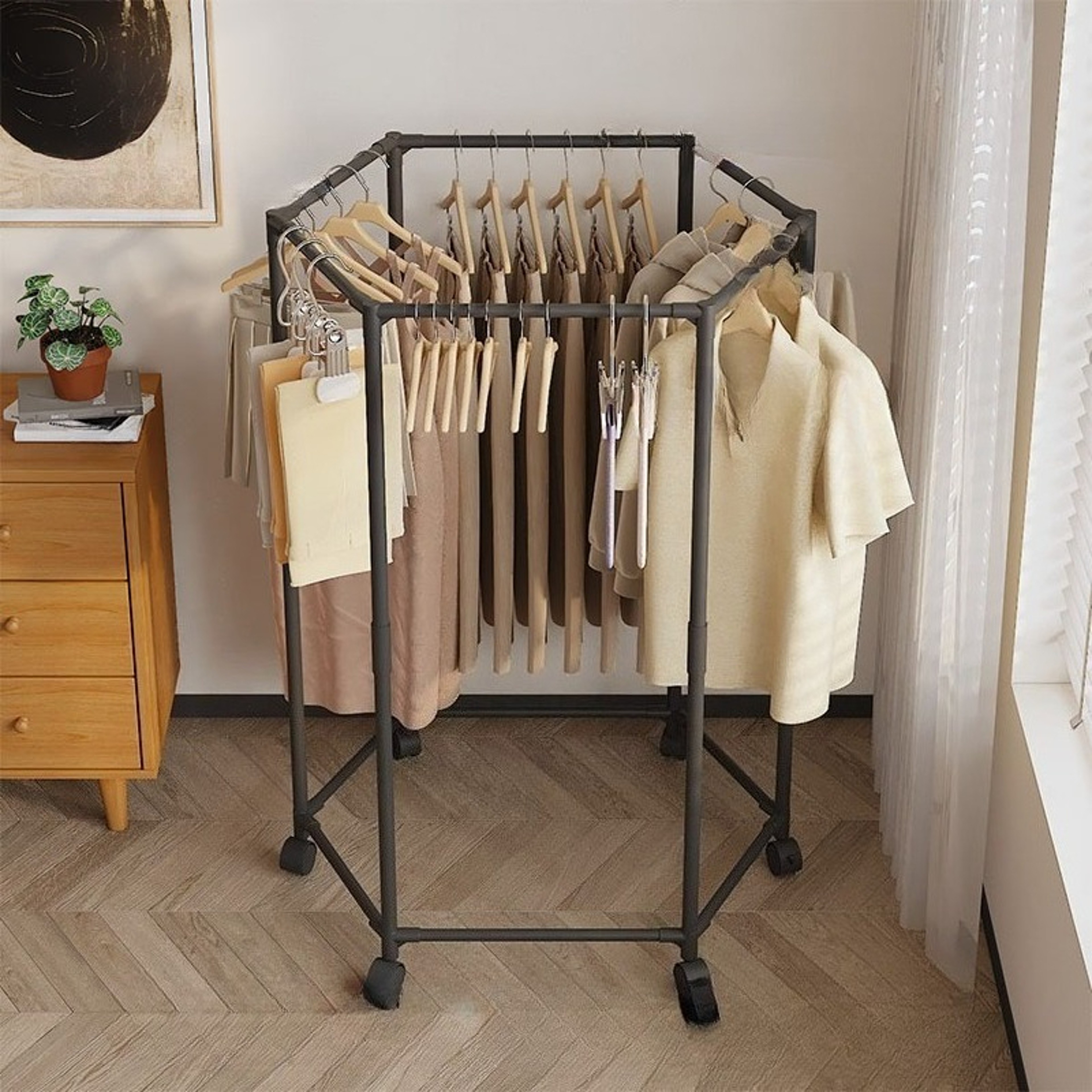 Movable Garment Organizer Hexagon Rotating Clothes Rack Dormitory Coat Hanger Stand Indoor Hat Dryi 4