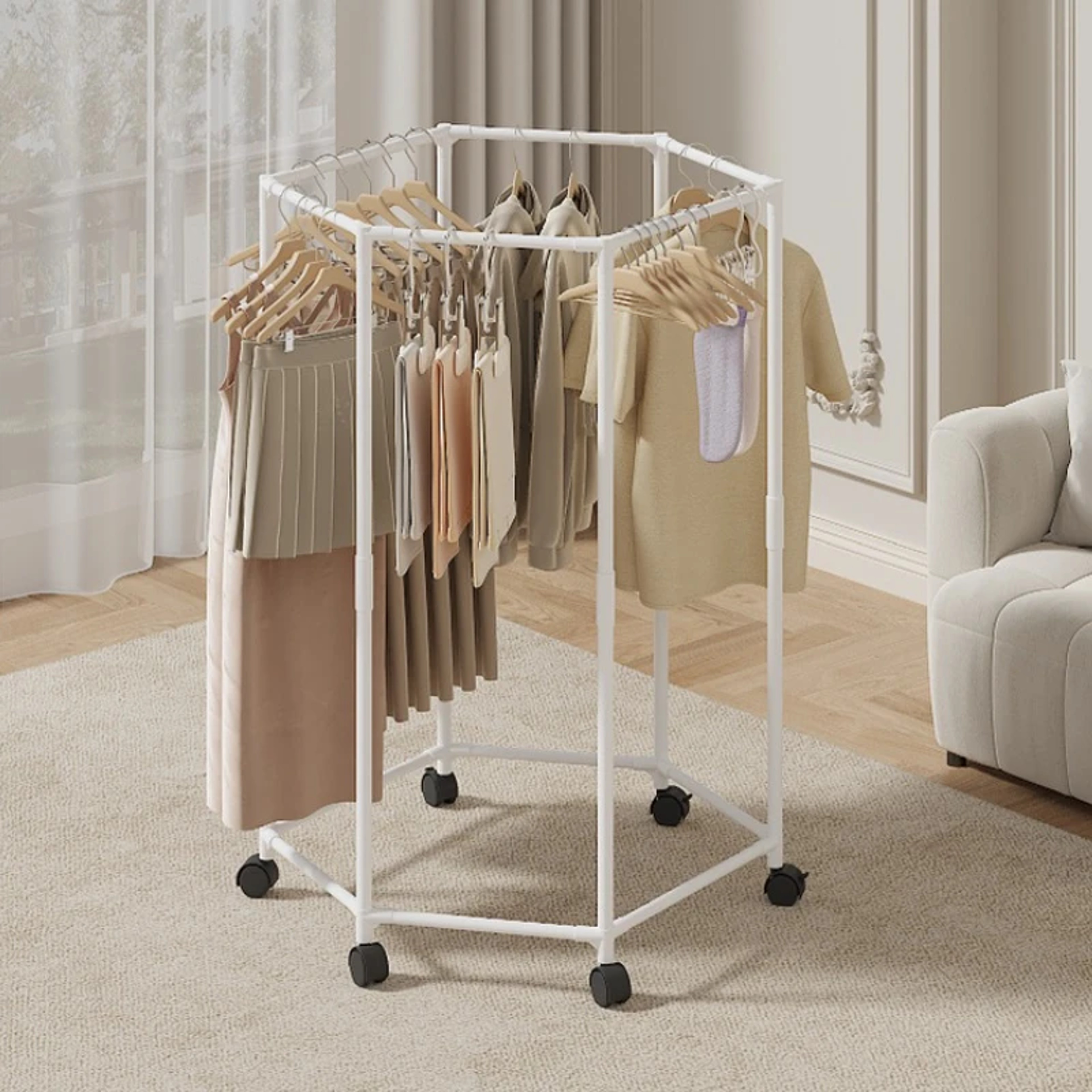 Movable Garment Organizer Hexagon Rotating Clothes Rack Dormitory Coat Hanger Stand Indoor Hat Dryi 6