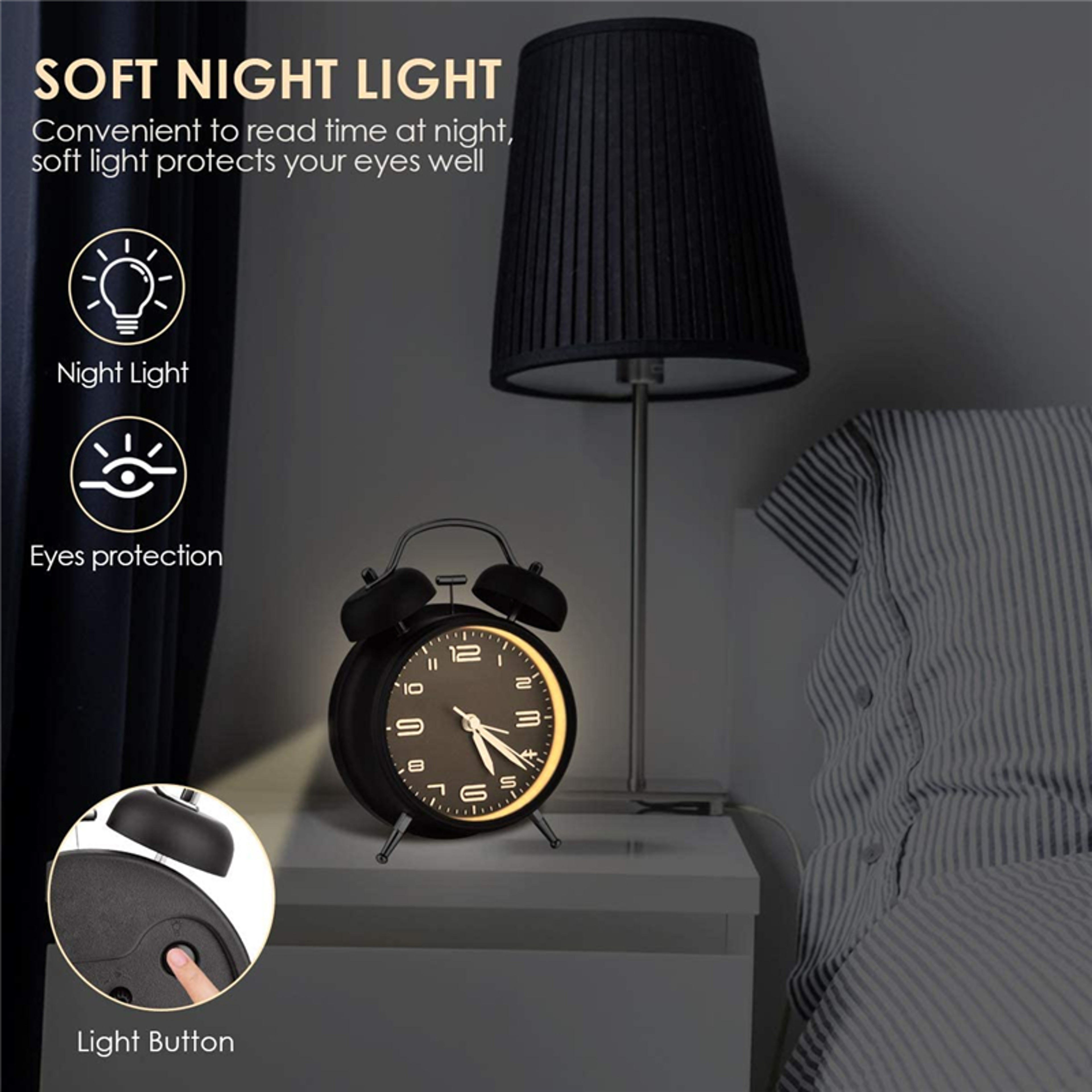 Metal Frame Twin Bell Alarm Clock With 3D Dial Backlight Battery Operated Desk Table Clock For Home 1