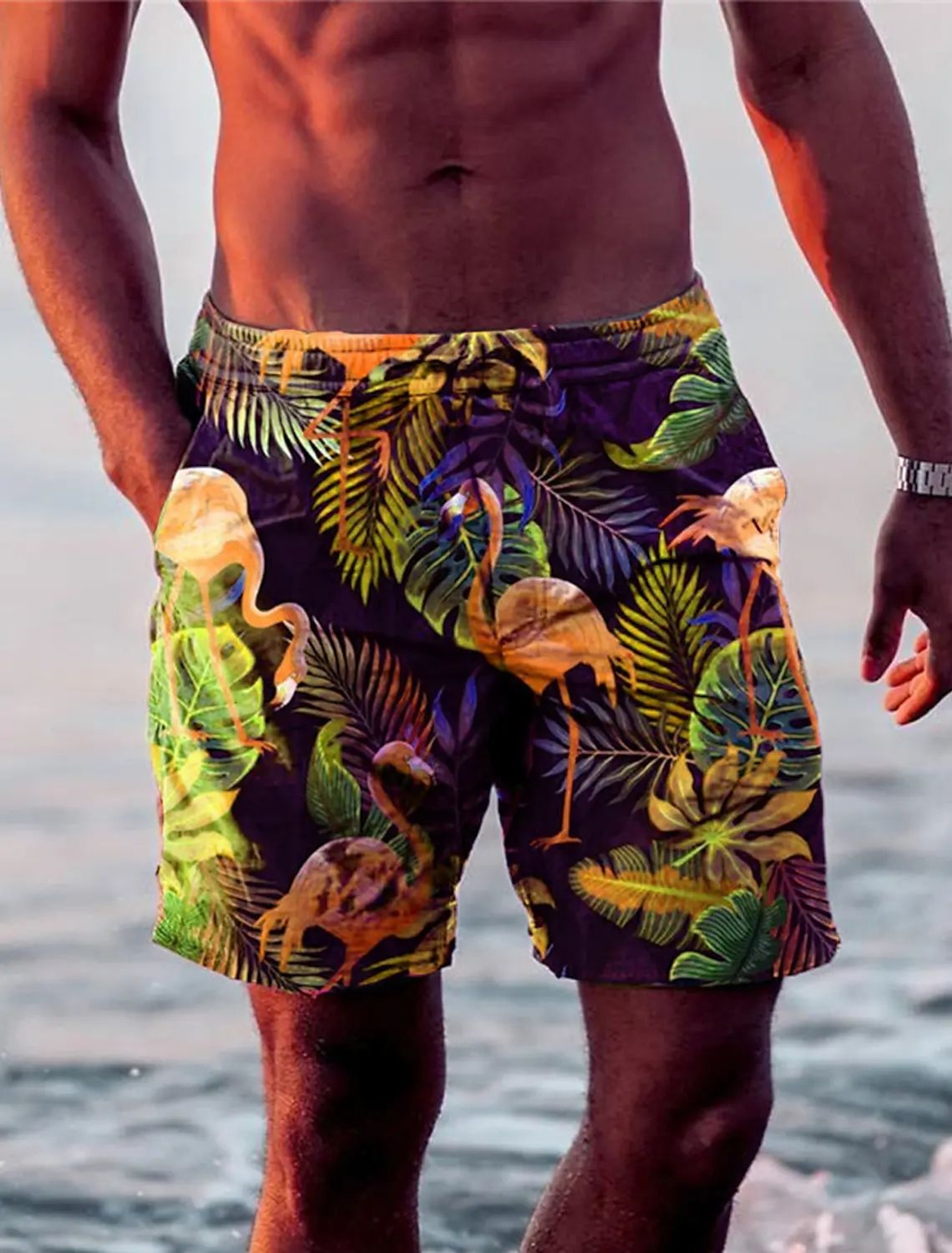 Holiday Hawaiian Mens Swim Trunks Leaf Flamingo Graphics Quick Drying Micro elastic Drawstring Sho