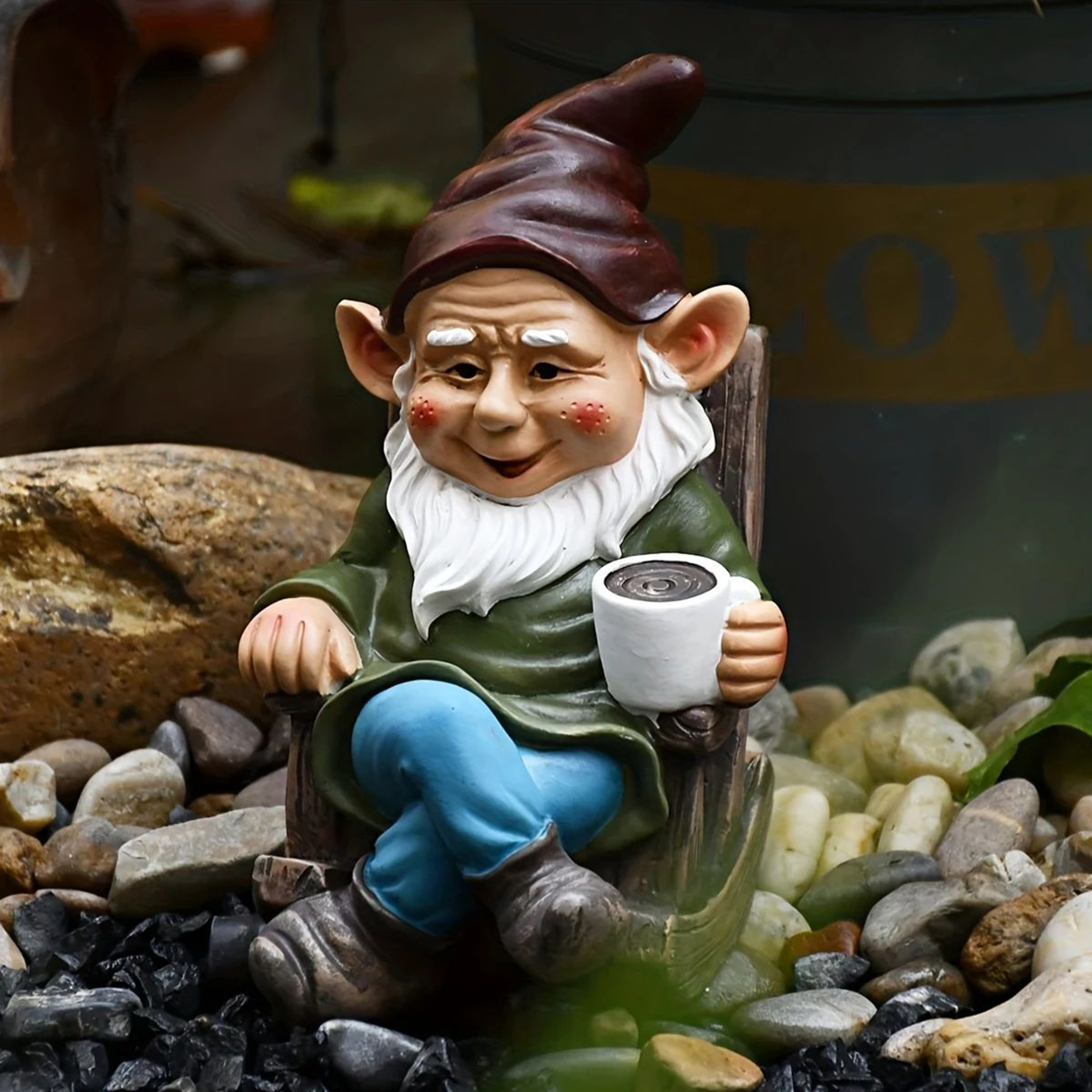 Resin Gnome Dwarf Rocking Chair Ornament Outdoor Garden Decoration Lawn Yard Leisurely Drinking Tea 0