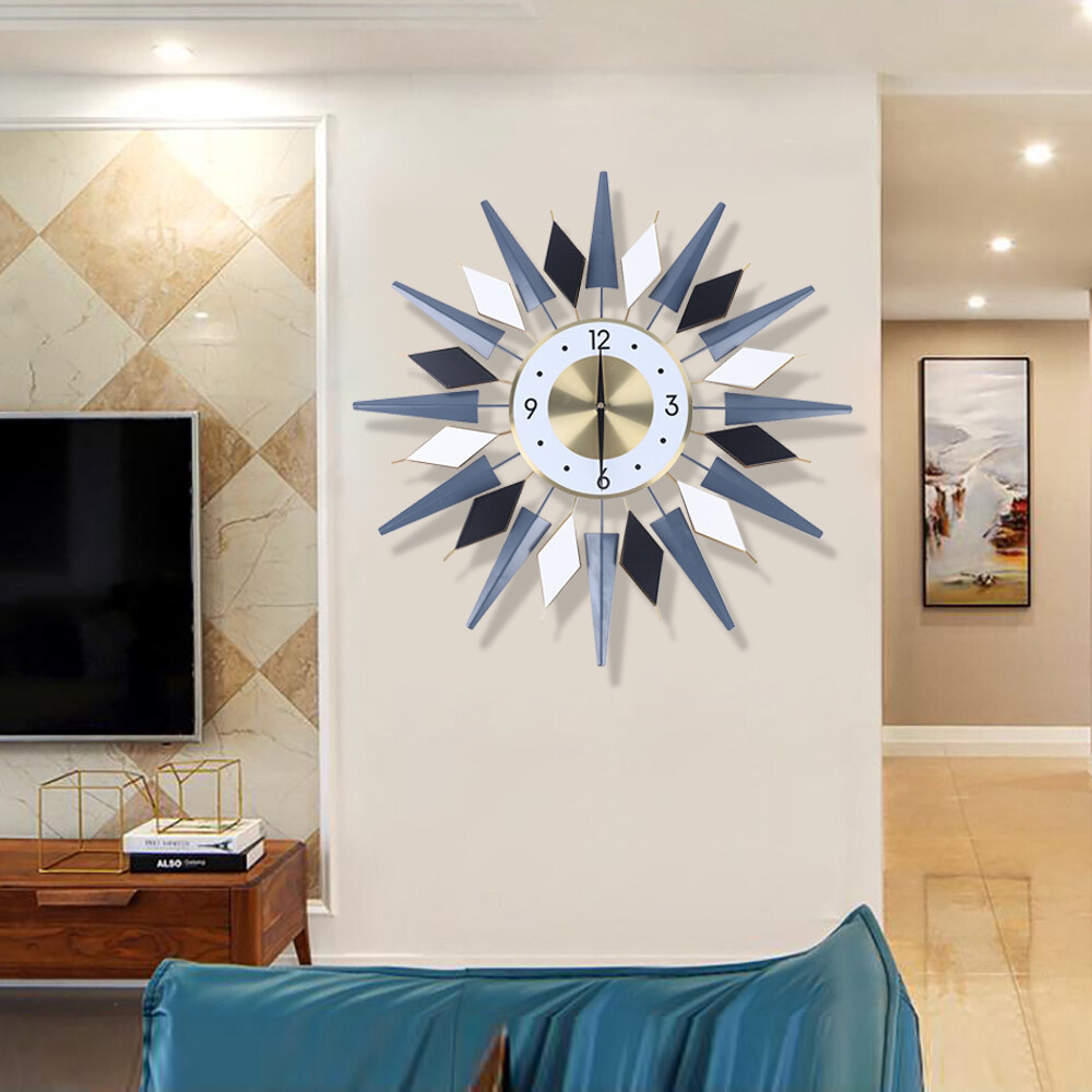 Silent Non Ticking Modern Wall Clock, Large Decorative Sun Clock, Battery Operated Retro Star Wall Decor – view 1