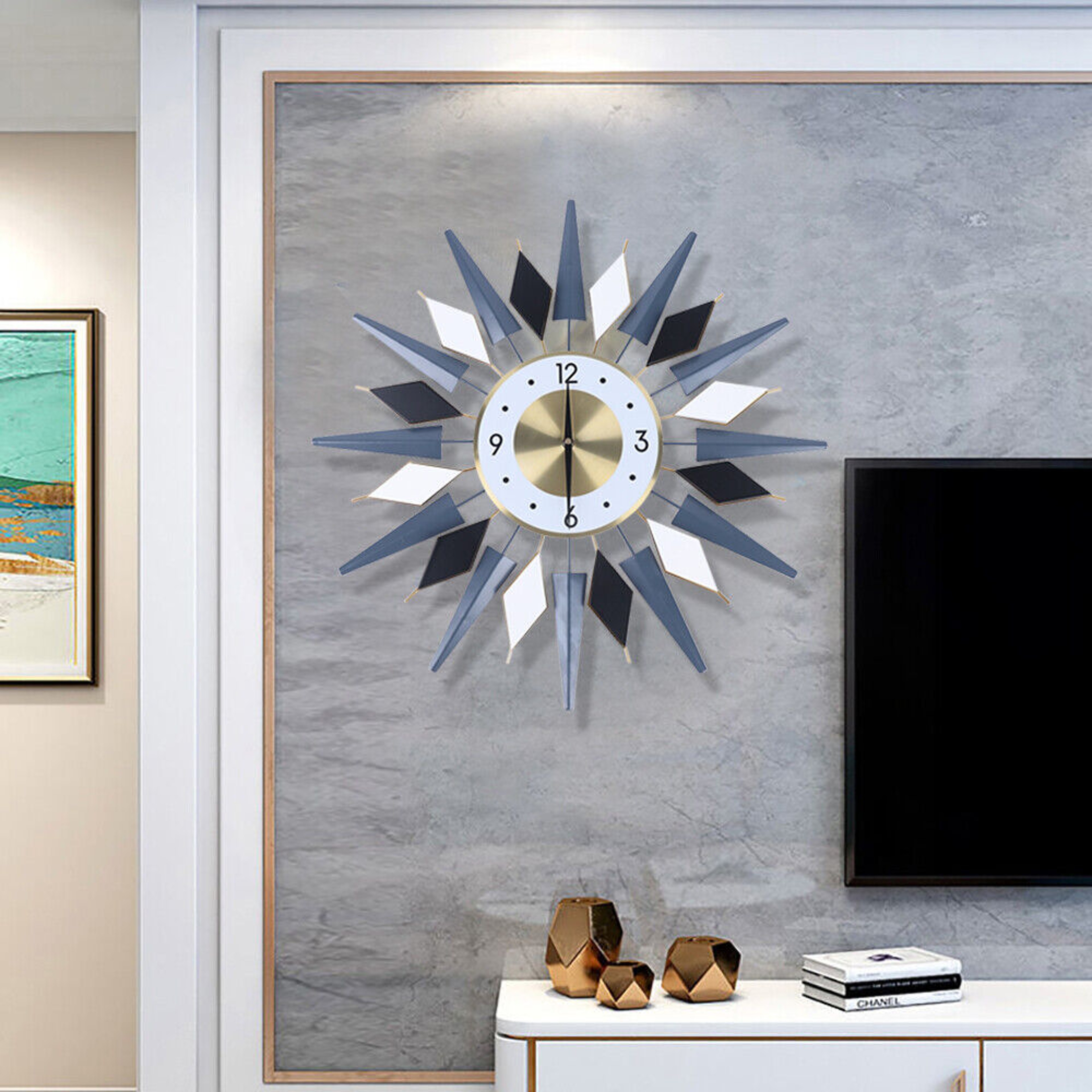 Silent Non Ticking Modern Wall Clock, Large Decorative Sun Clock, Battery Operated Retro Star Wall Decor – view 2