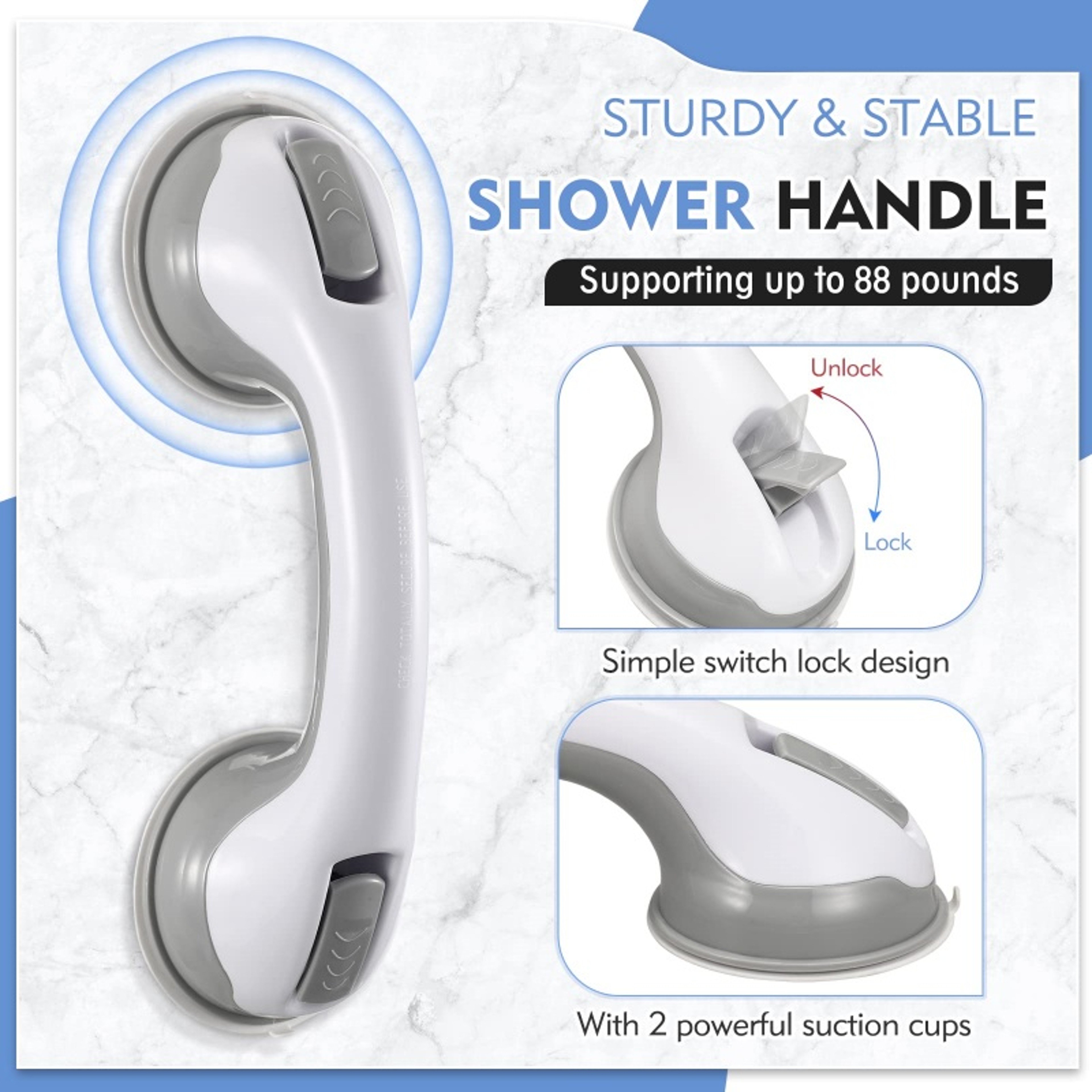 SecureGrip Suction Shower Grab Bars No Drill Bathroom Safety Handles For Seniors  Kids 1