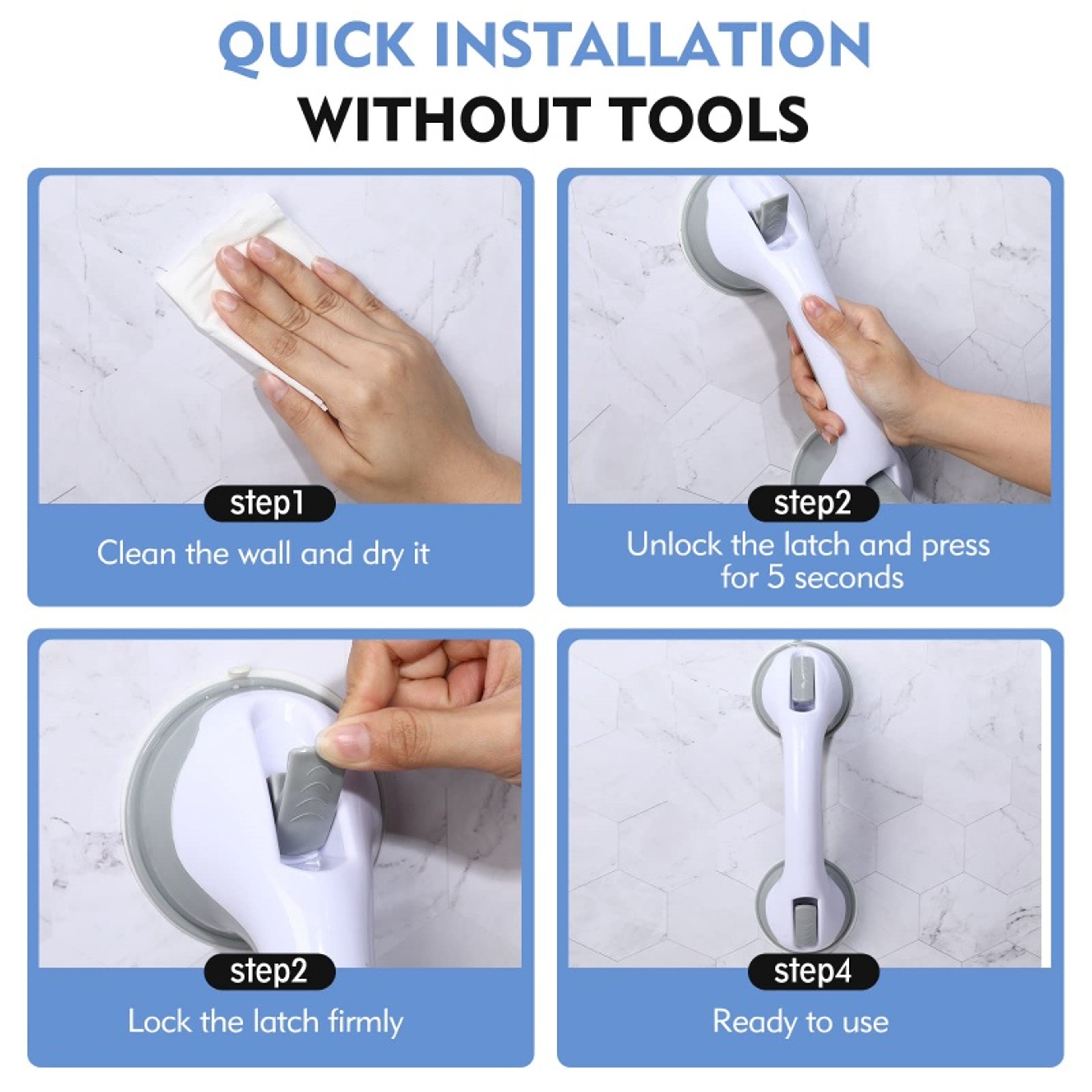 SecureGrip Suction Shower Grab Bars No Drill Bathroom Safety Handles For Seniors  Kids 5