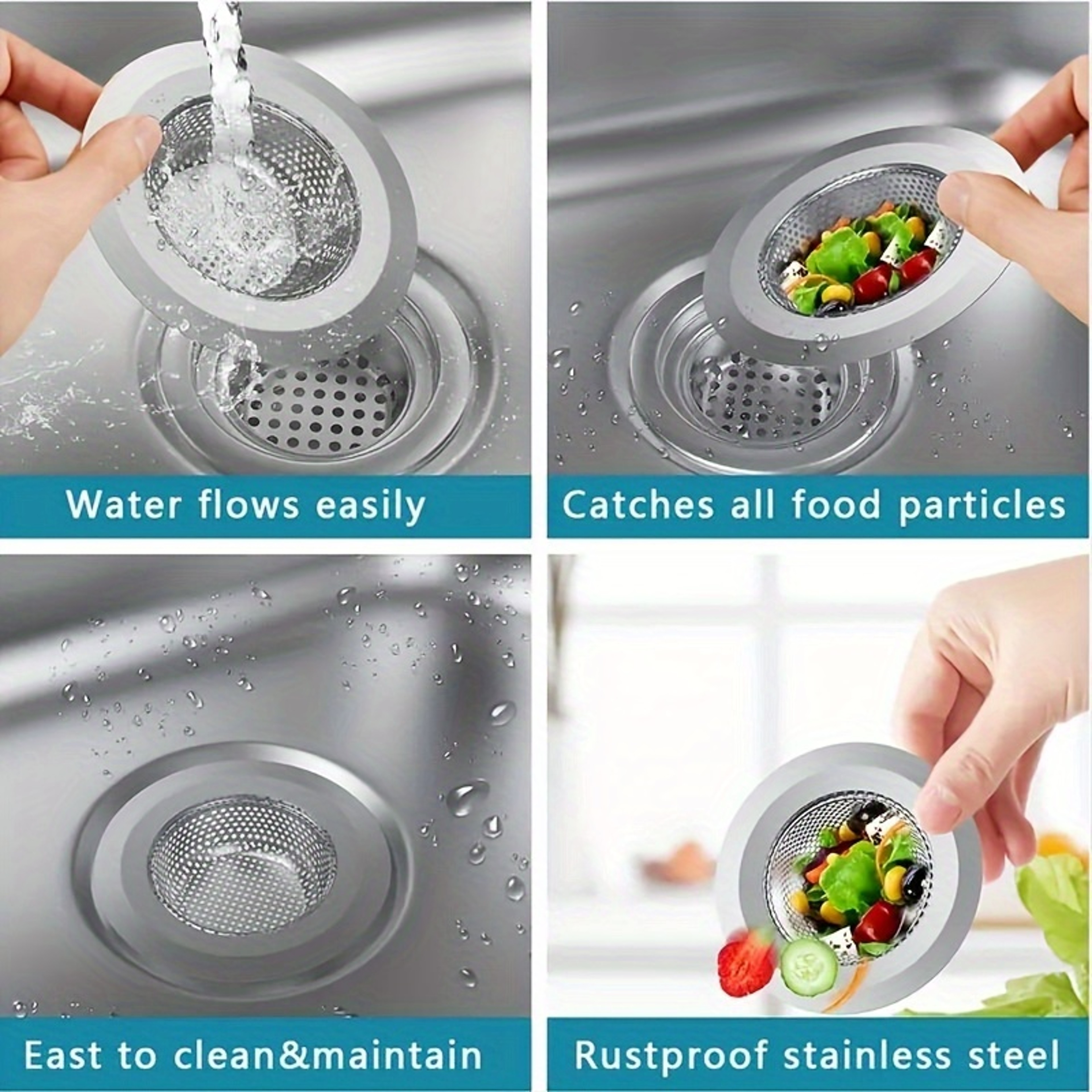 FlowGuard Stainless Steel Kitchen Sink Strainer Set Wide Rim Food Catchers 5