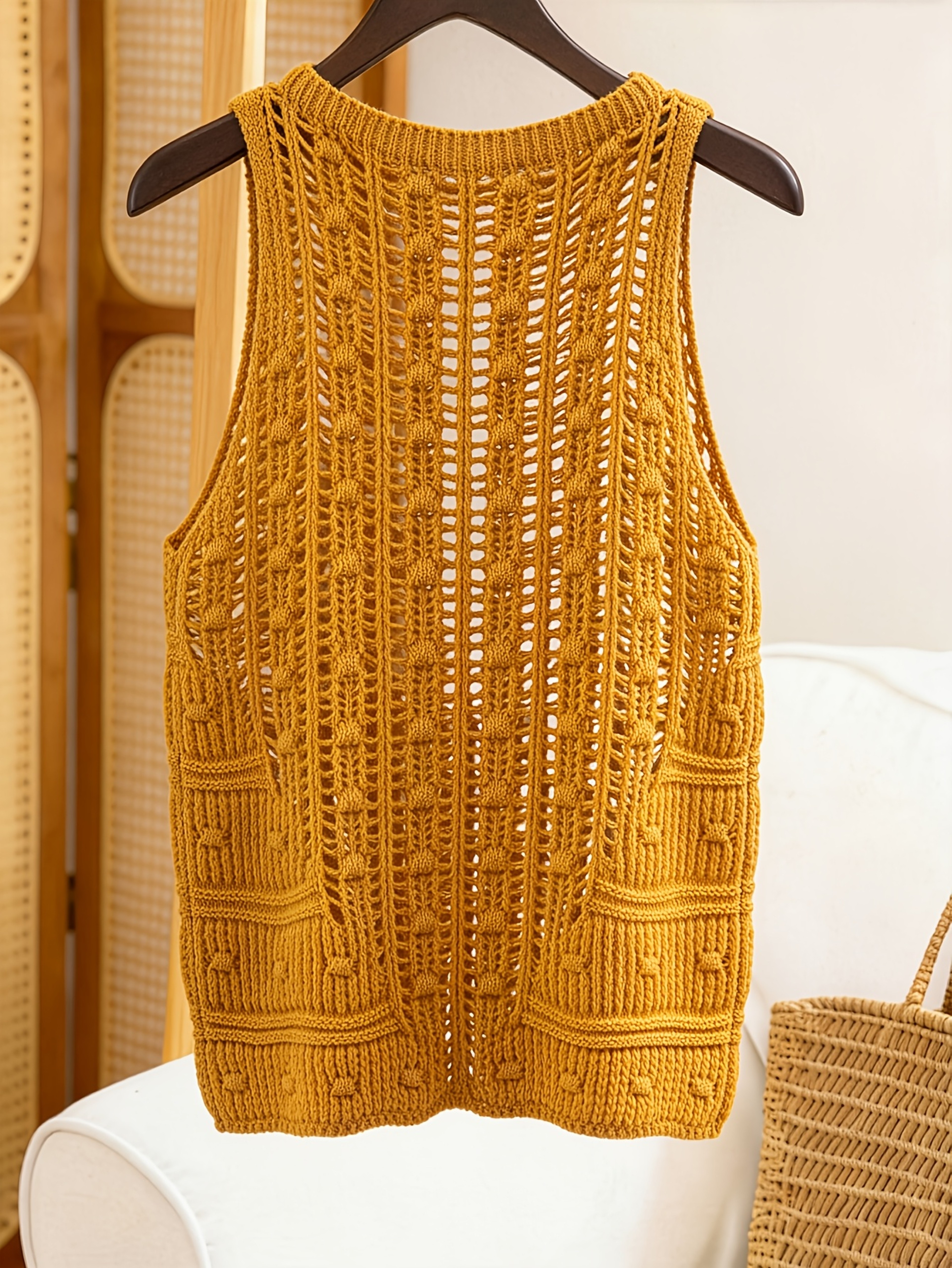 Pearl Accent Crochet Halter Knit Top Breathable Crochet Halter Top For Summer Style 4
