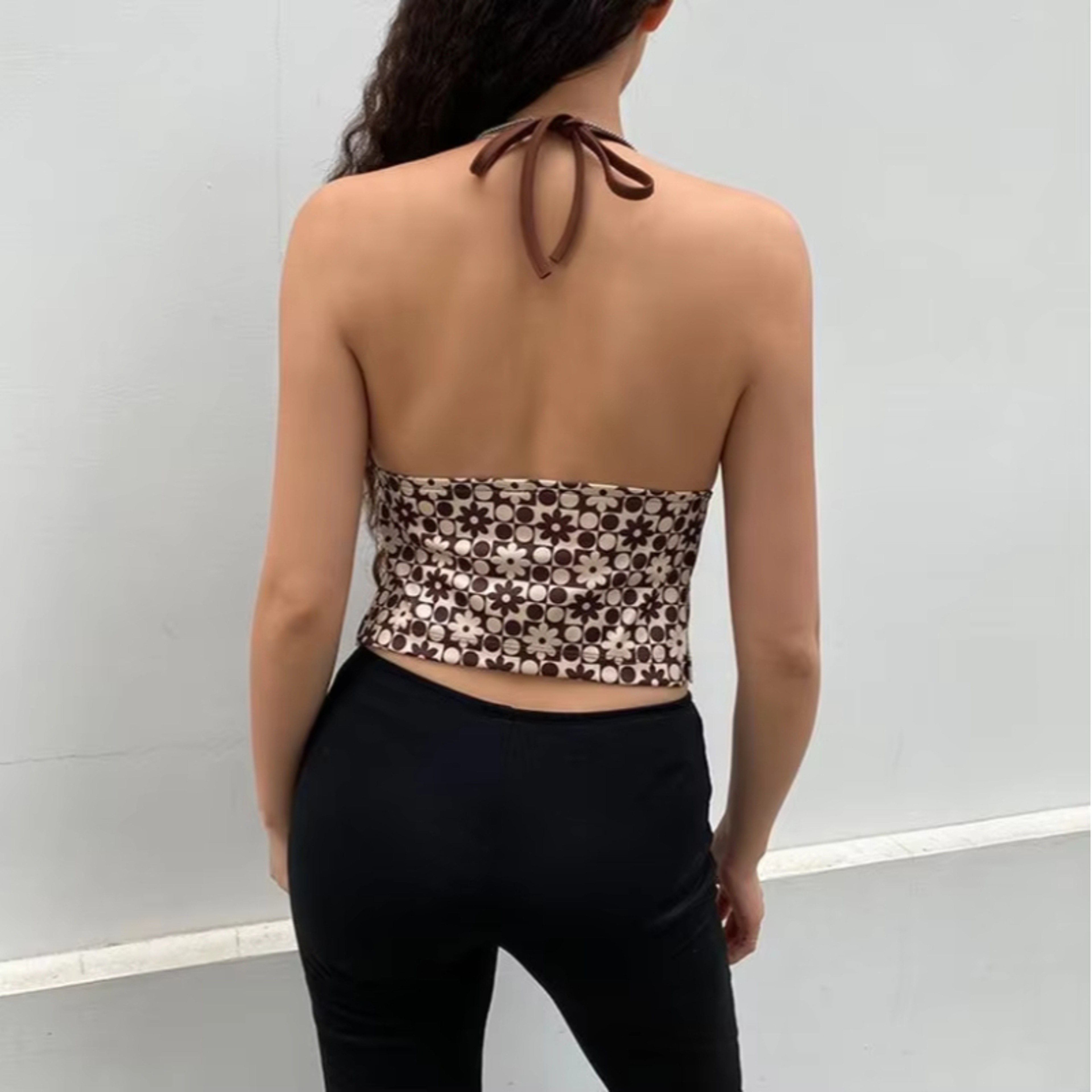 Retro Print Halter Neck Lace Up Crop Top Cardigan Vest – view 4