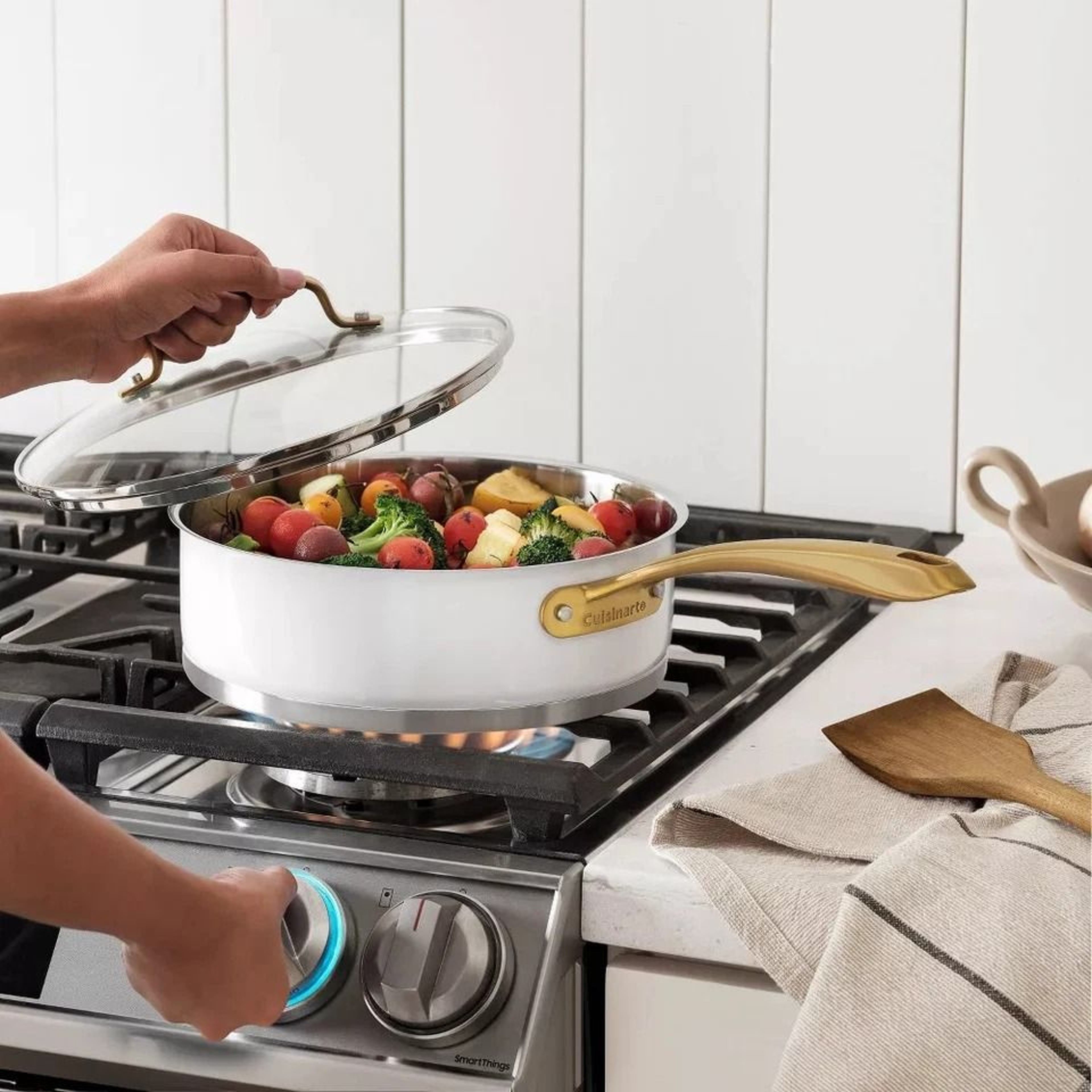 Matte White Stainless Steel Cookware Set Brushed Gold Handles Even Heating Oven Safe 3