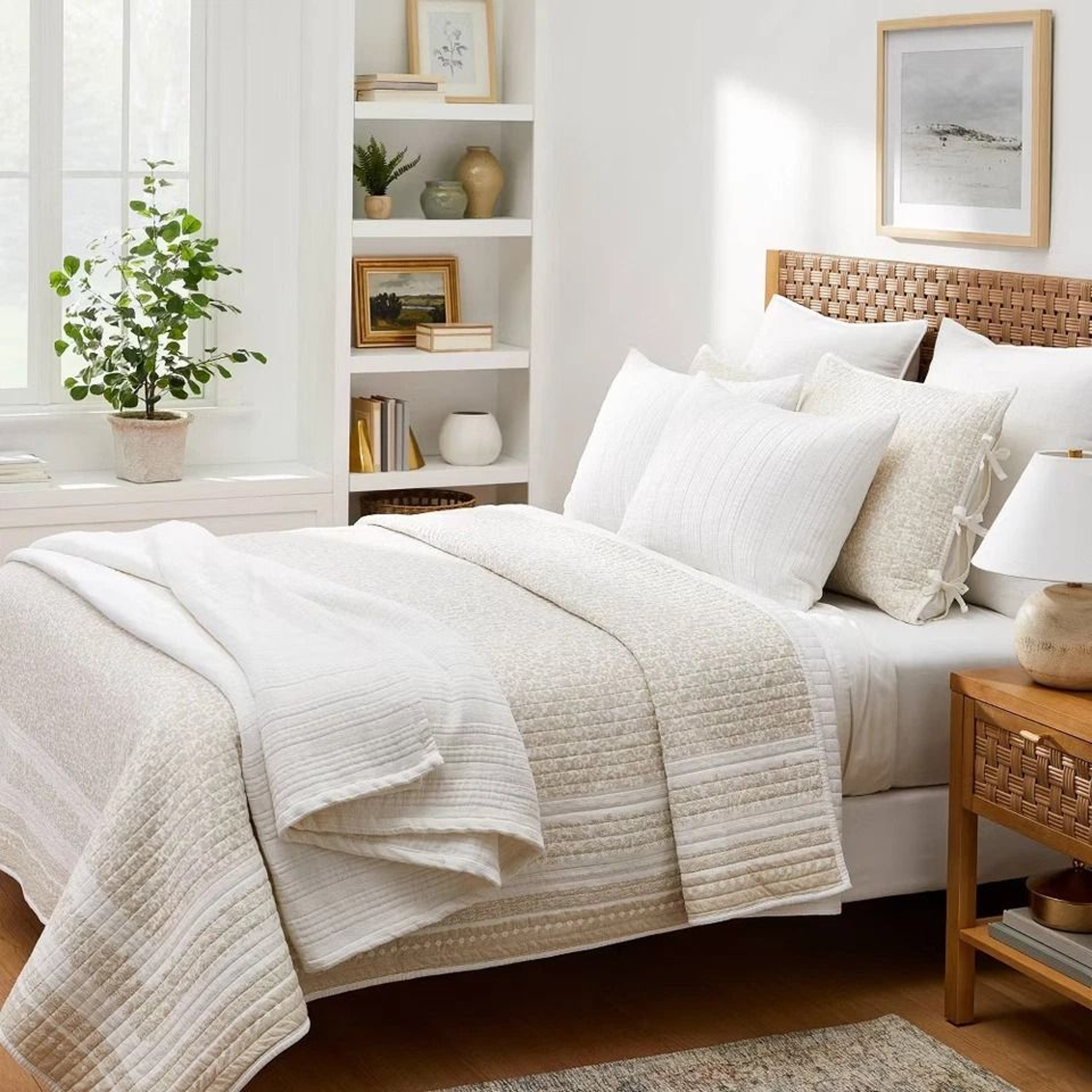 Neutral Floral Wood Block Print Quilt FullQueen Decorative Border Cotton Slub Soft Cotton Comfort 3