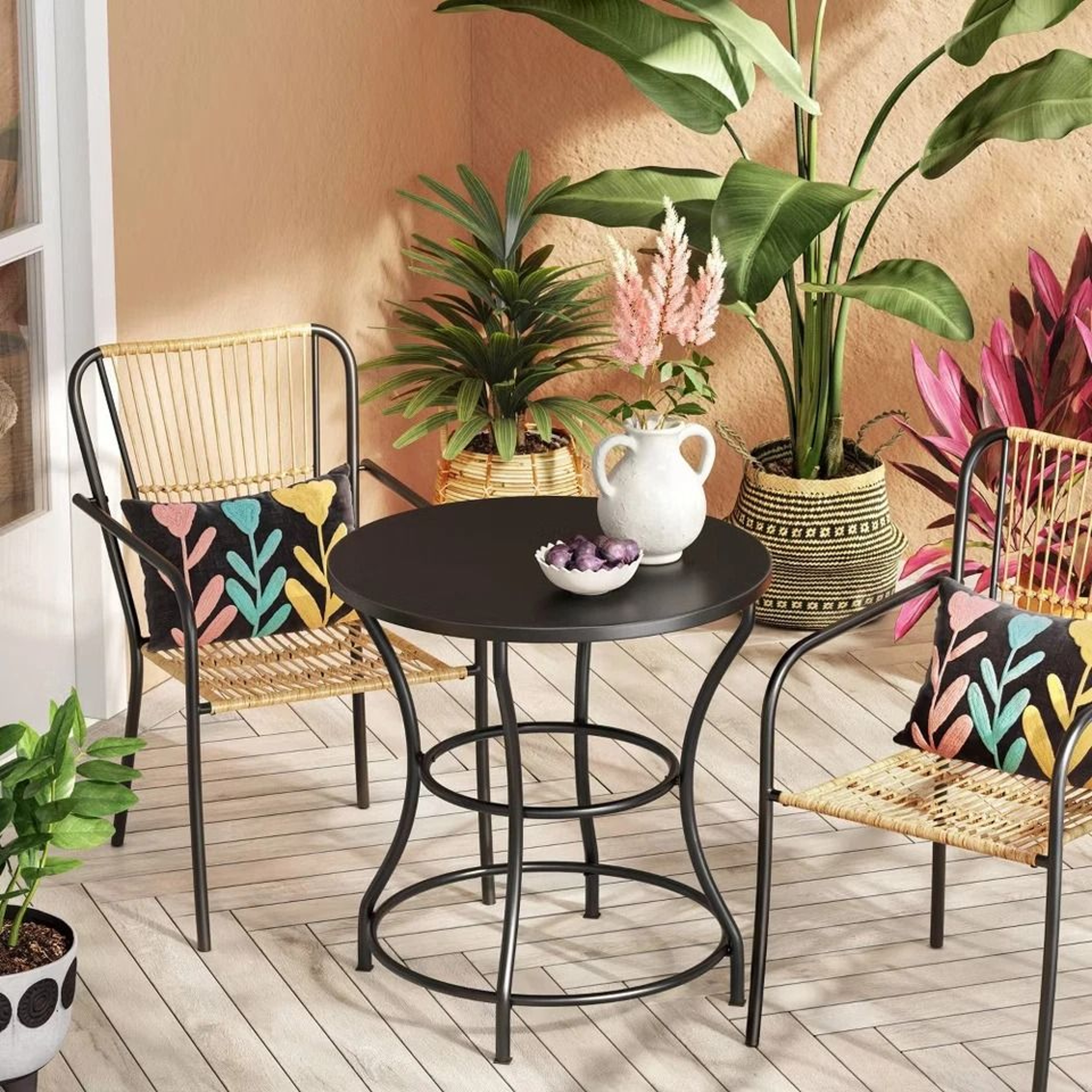 Designed Round Bistro Patio Dining Table With Jungalow Modern Black Metal Frame Perfect For Outdoor 3