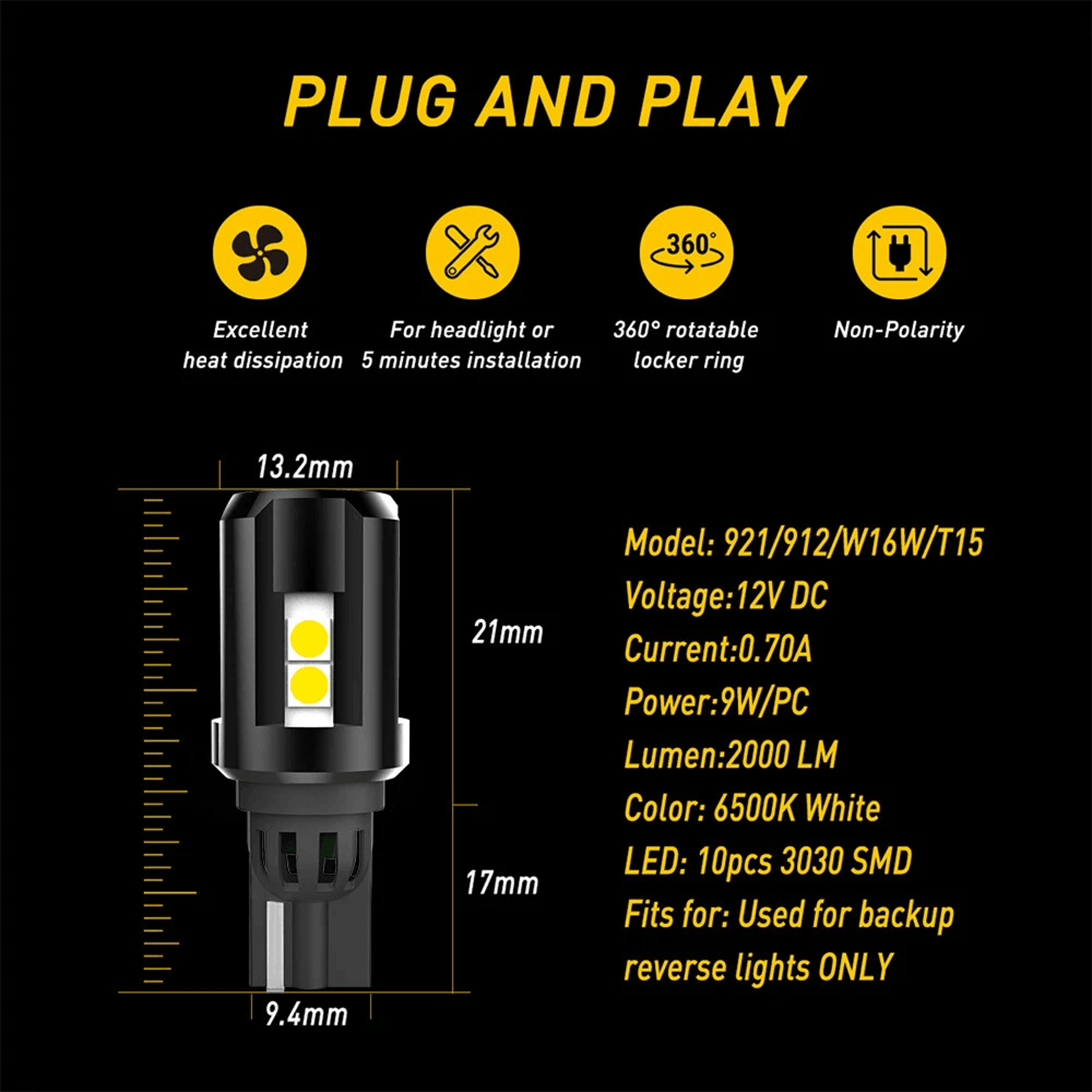 LED Reverse Backup Bulb High Lumen White For Backup Light 7