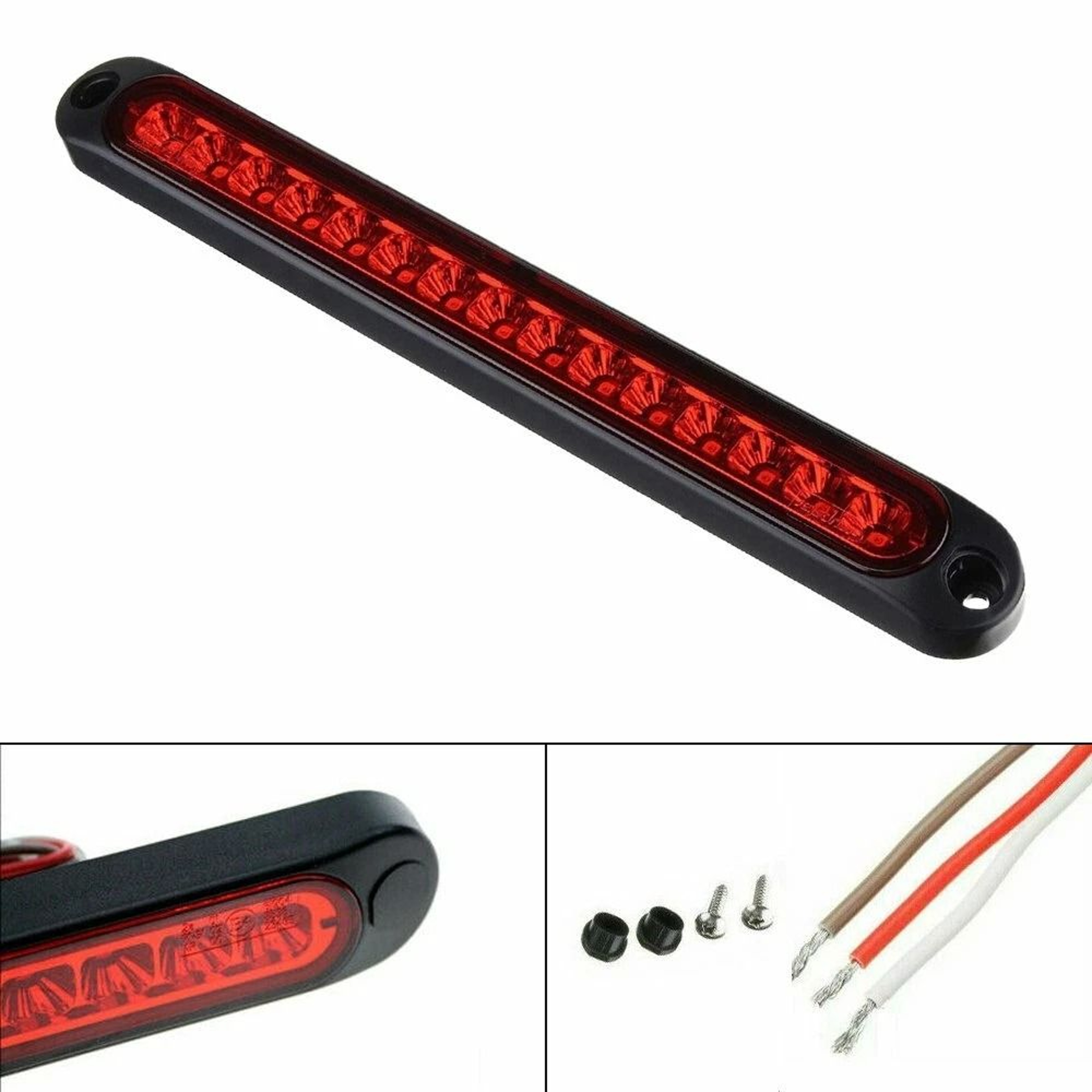 Red High Mount Third Brake Stop Tail Light Lamp Universal Fit Chrome Housing Waterproof Polycarbona