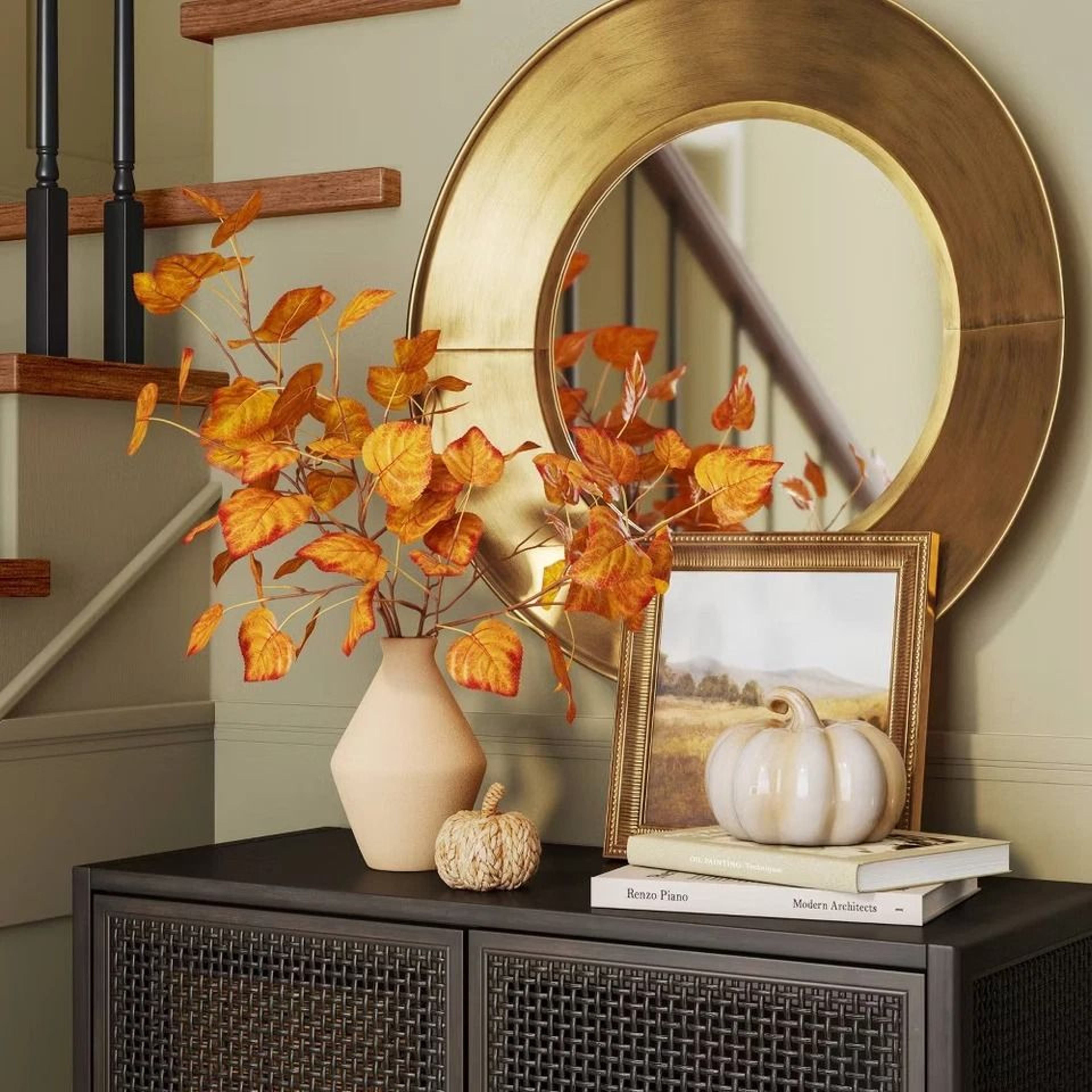 Fall Leaf Artificial Plants Arrangement  Large Orange Ceramic Base Indoor Autumn Decor 0