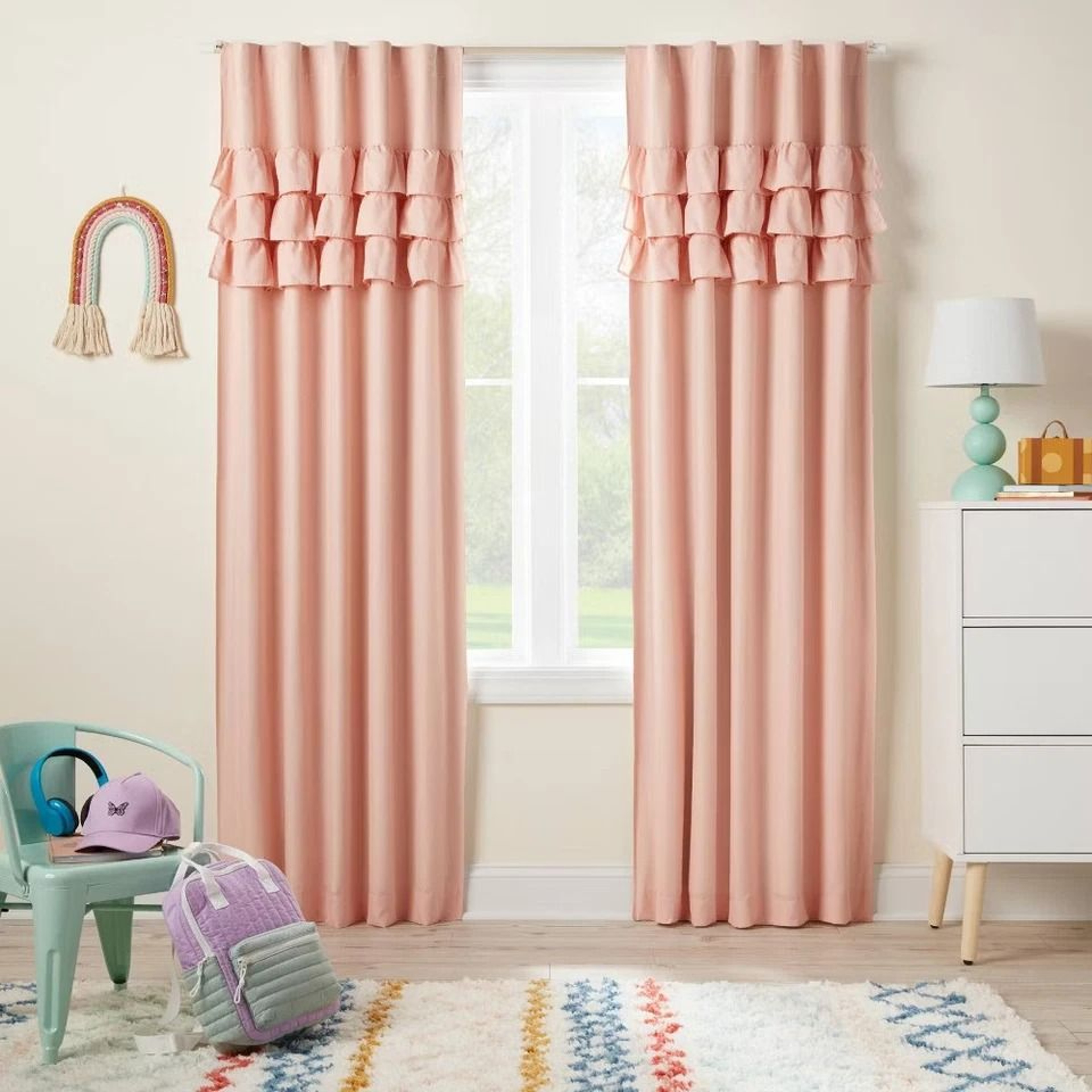 Pink Ruffle Blackout Curtain Panel Pillowfort Noise Reduction UV Protection Energy Efficient 4