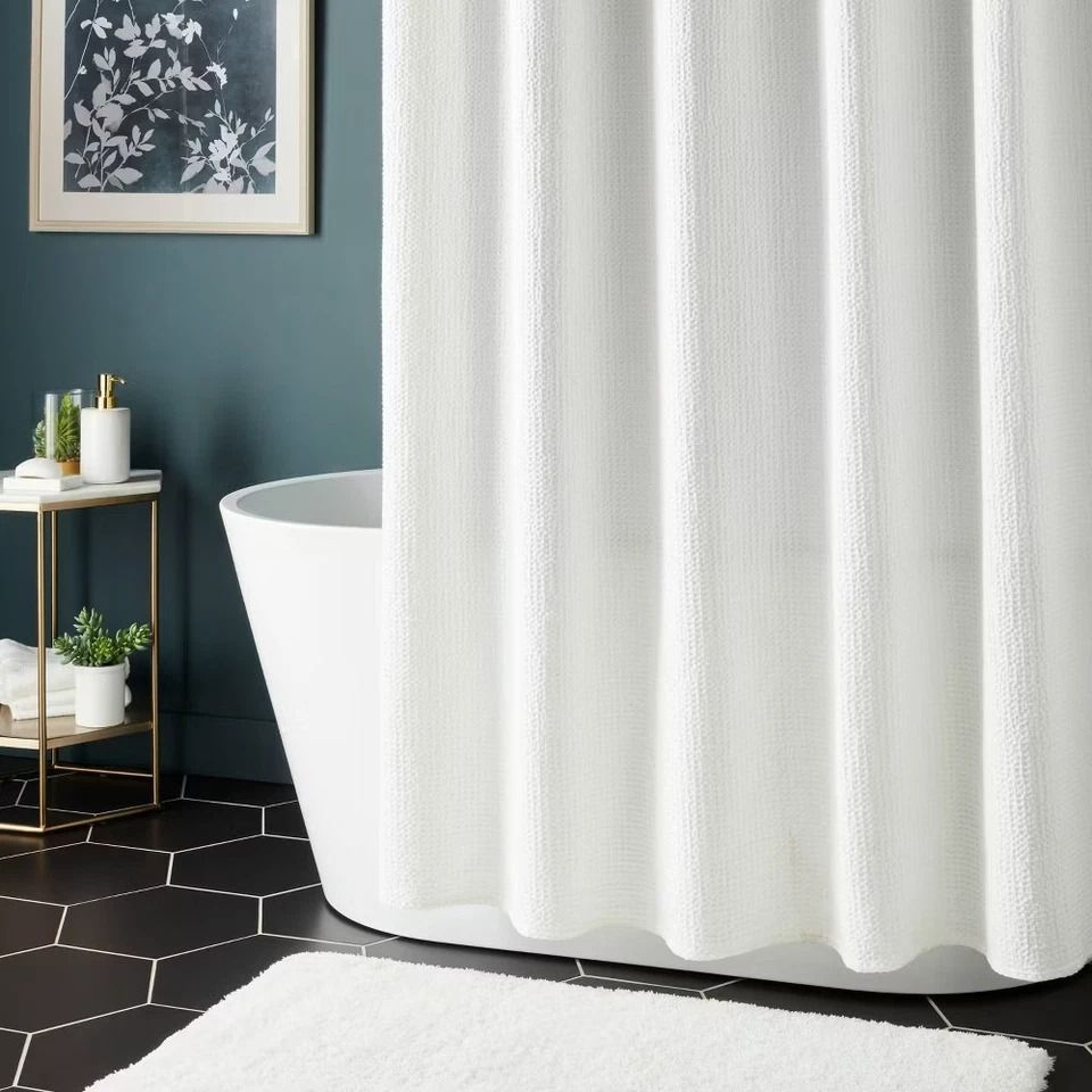 Oversized Relaxed WaffleWeave Shower Curtain White Cotton Buttonhole Top Machine Washable 3