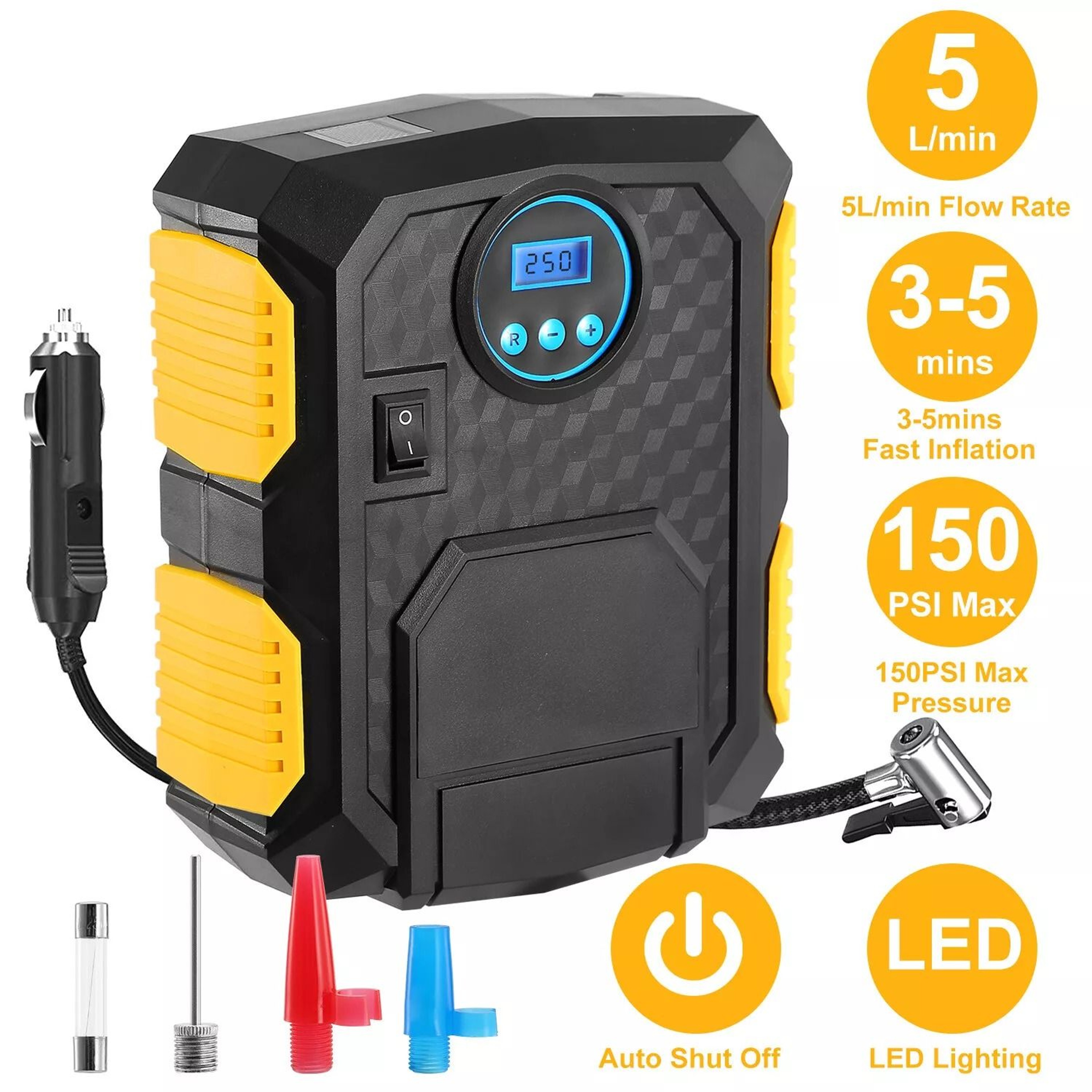 Tire Inflator Portable Car Air Pump Compressor Electric LED Display Auto Shut Off Fast Inflation 1