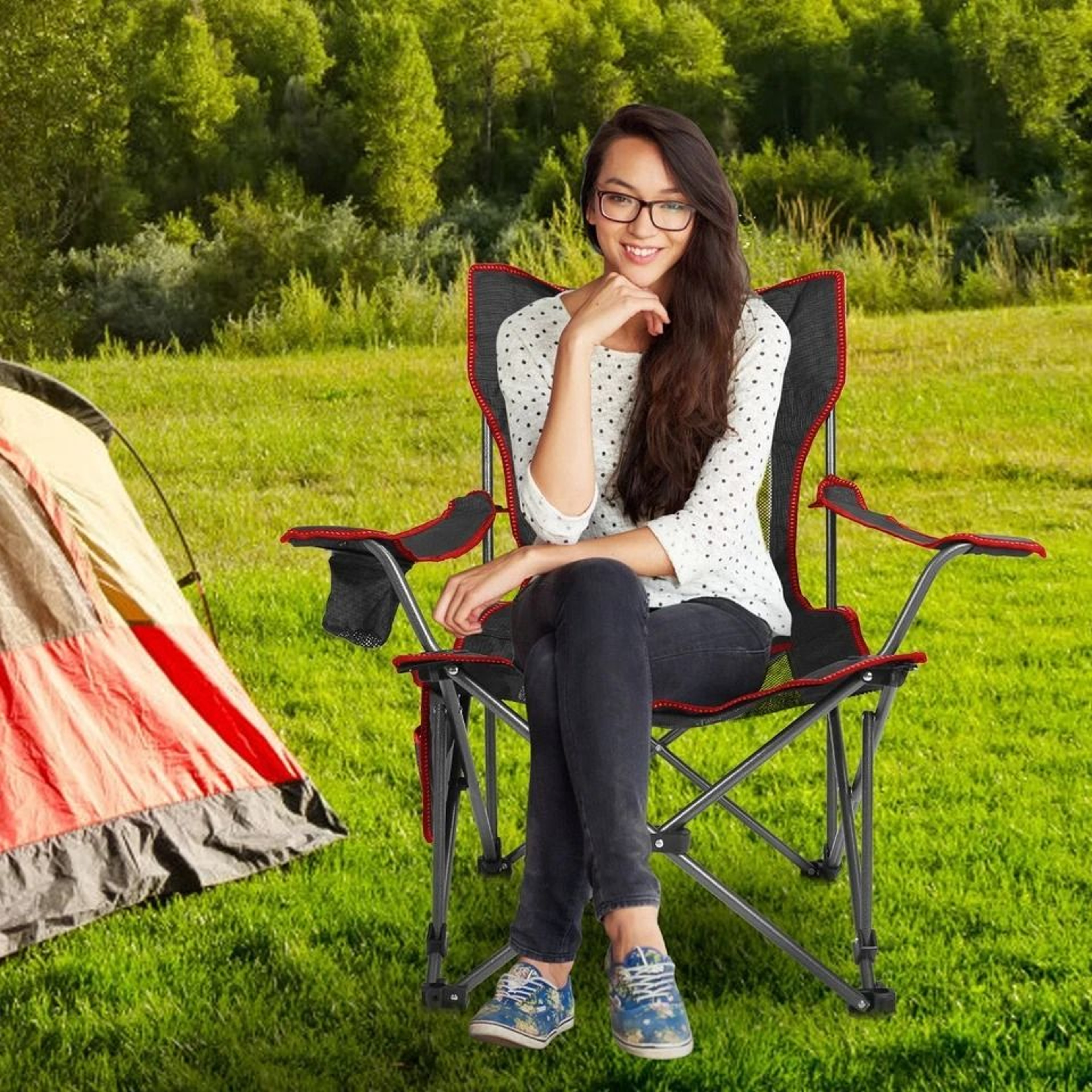 Heavy Duty Steel Camping Lounge Chair Foldable With Reclining Backrest Load Capacity 5