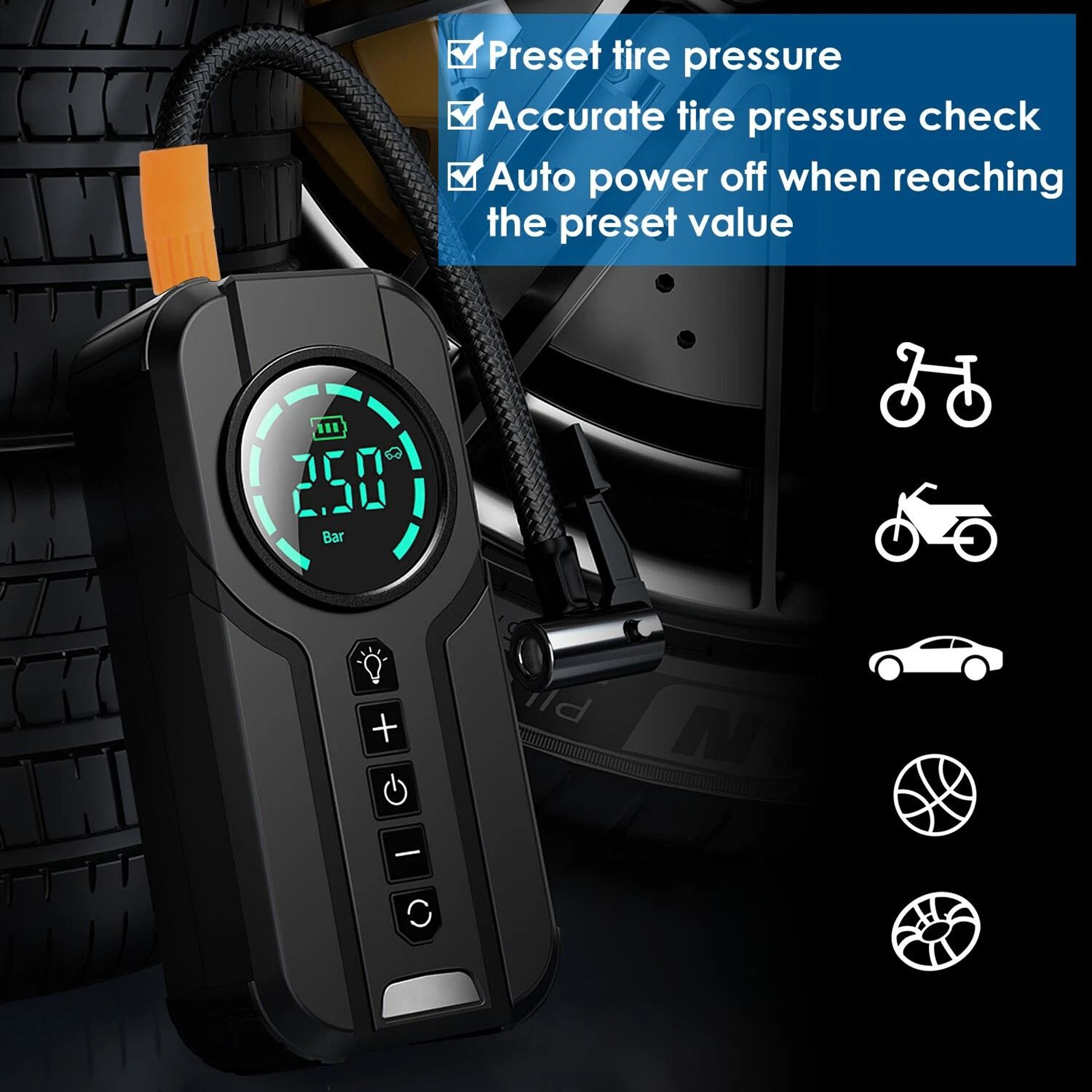 Portable Auto LCD Tire Inflator Electric Car Air Pump Compressor For Easy Tire Inflation 7
