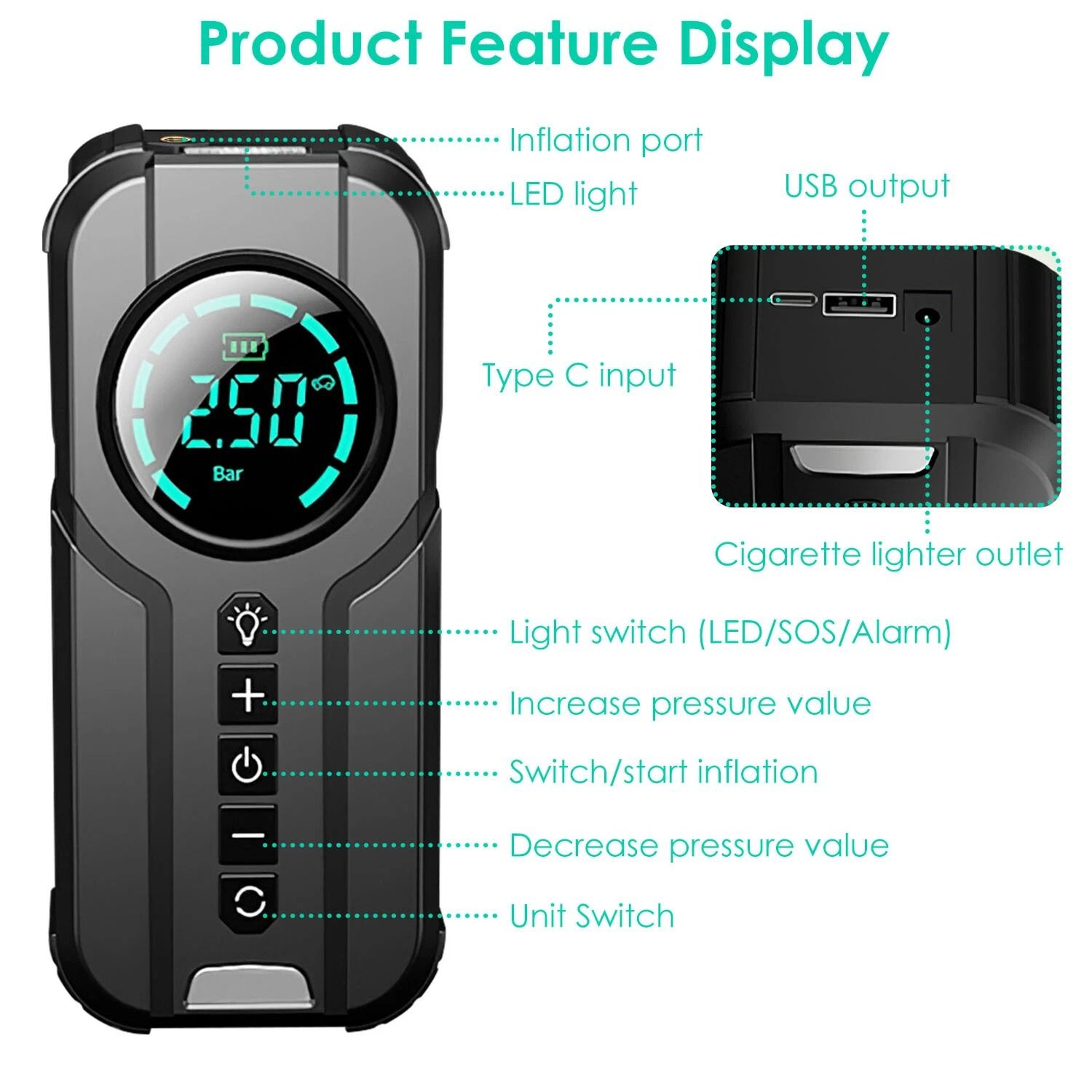 Portable Auto LCD Tire Inflator Electric Car Air Pump Compressor For Easy Tire Inflation 4