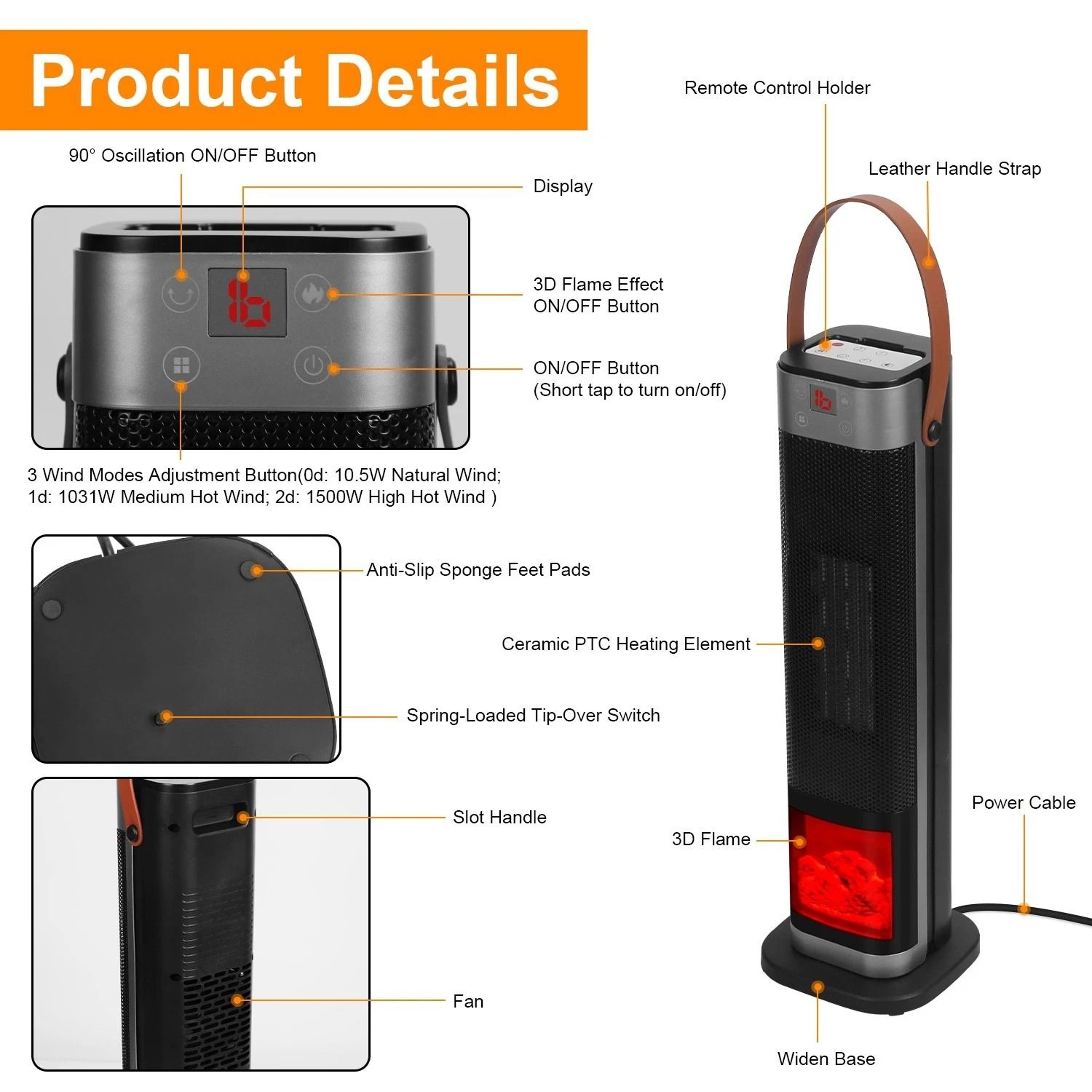 Oscillating Ceramic Heater Tower 3D Space Heater For Winter Electric Warmer For Home Efficient  Por 10