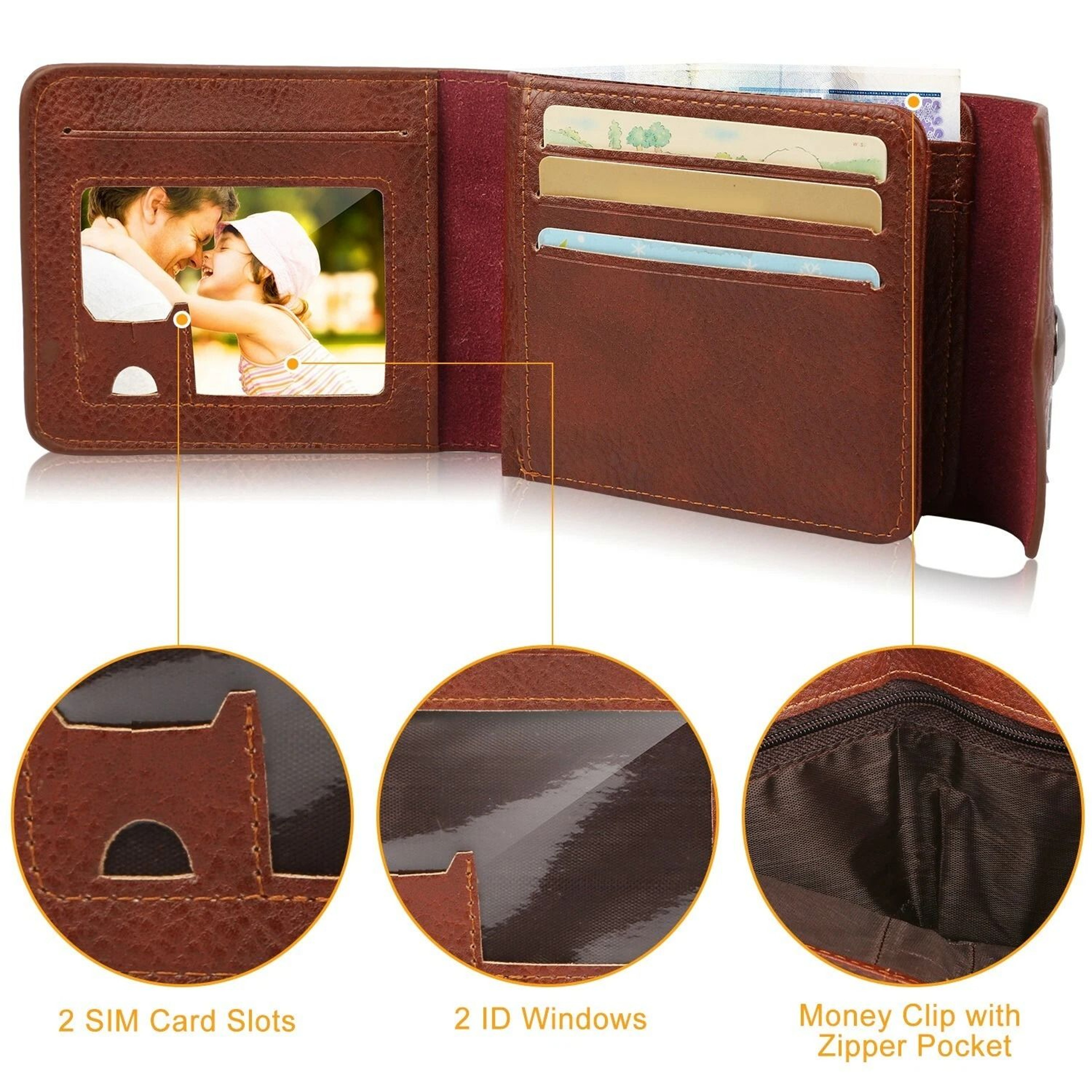 PU Leather Bifold Wallet For Men Wallet Holder With 2 ID Windows Coin Pocket 8