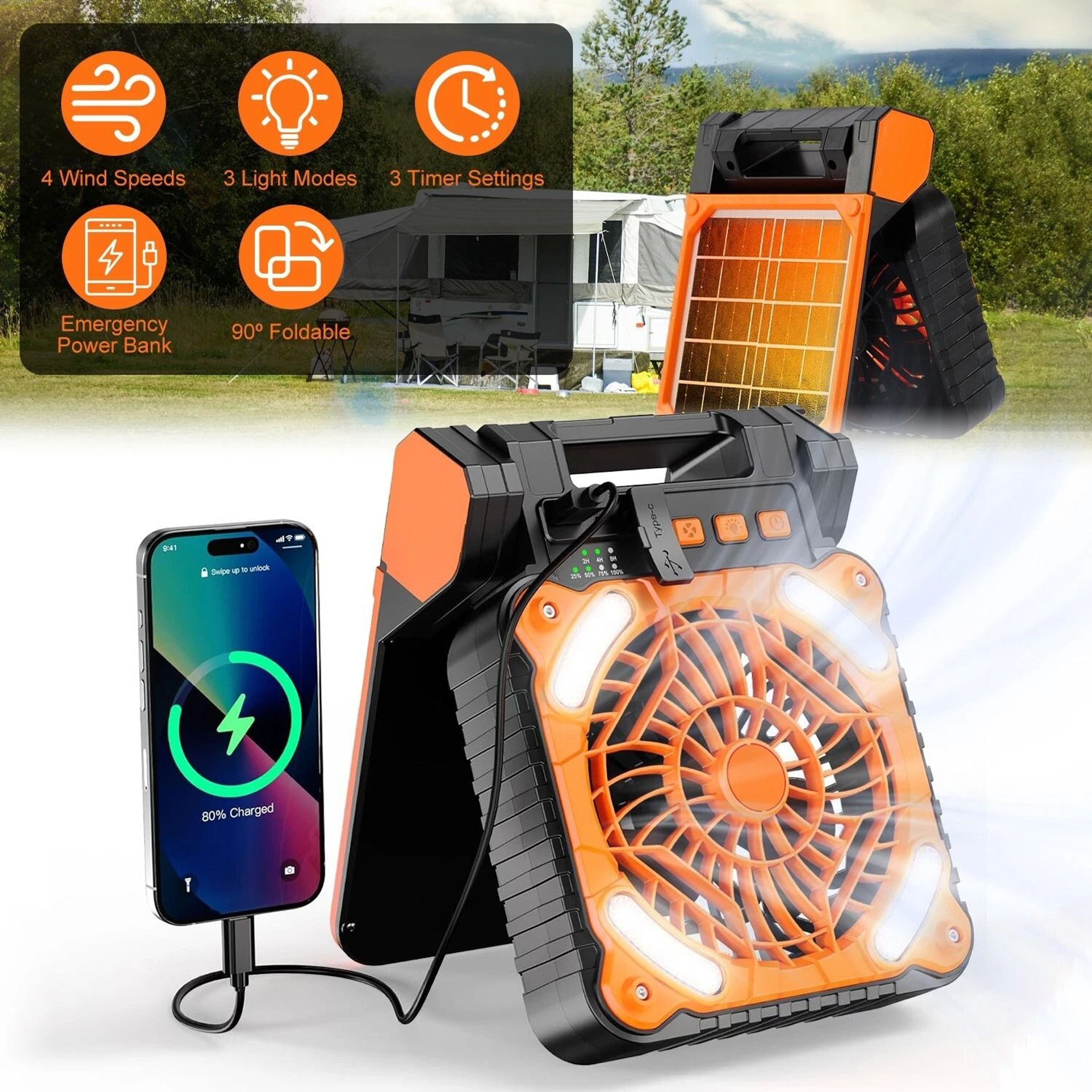 Picnic Camping Fan Summer Solar Camping FanLight 4Speeds Fan With 3Mode Lights For Hiking Outdoors 2