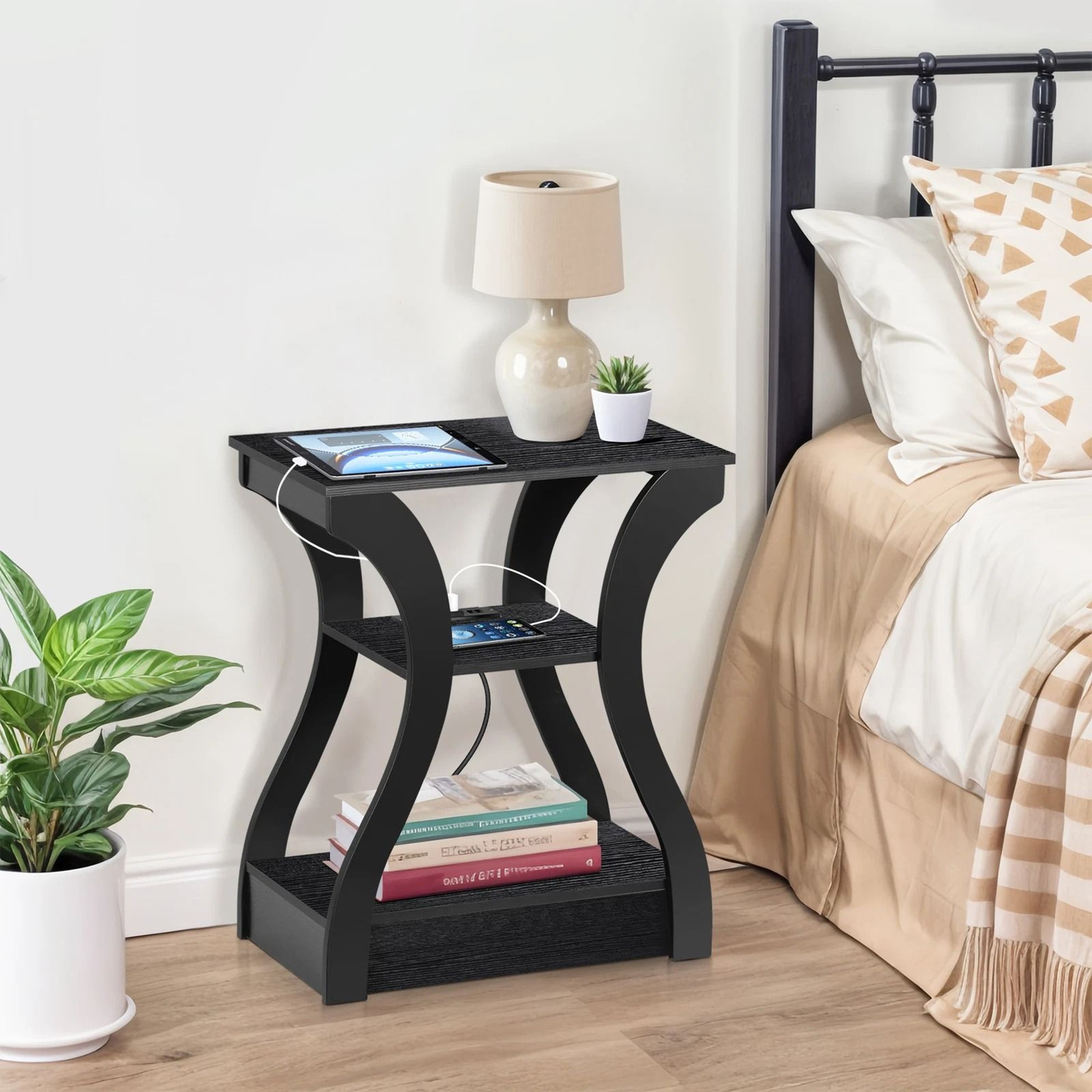 Black 3 Tier End Table With USB Charging Station Storage Shelf For Living Room Stylish And Function 1