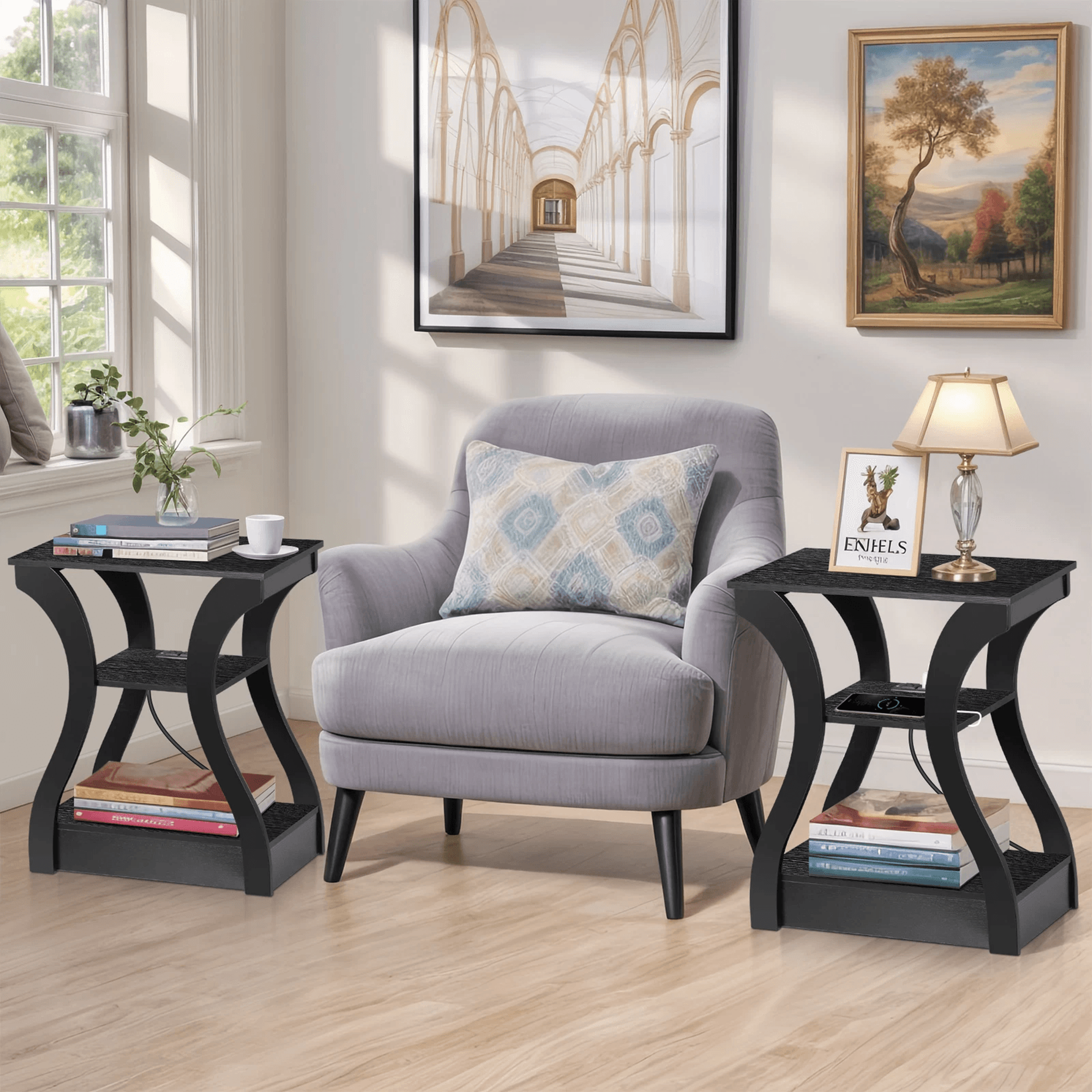 Black 3 Tier End Table With USB Charging Station Storage Shelf For Living Room Stylish And Function 2