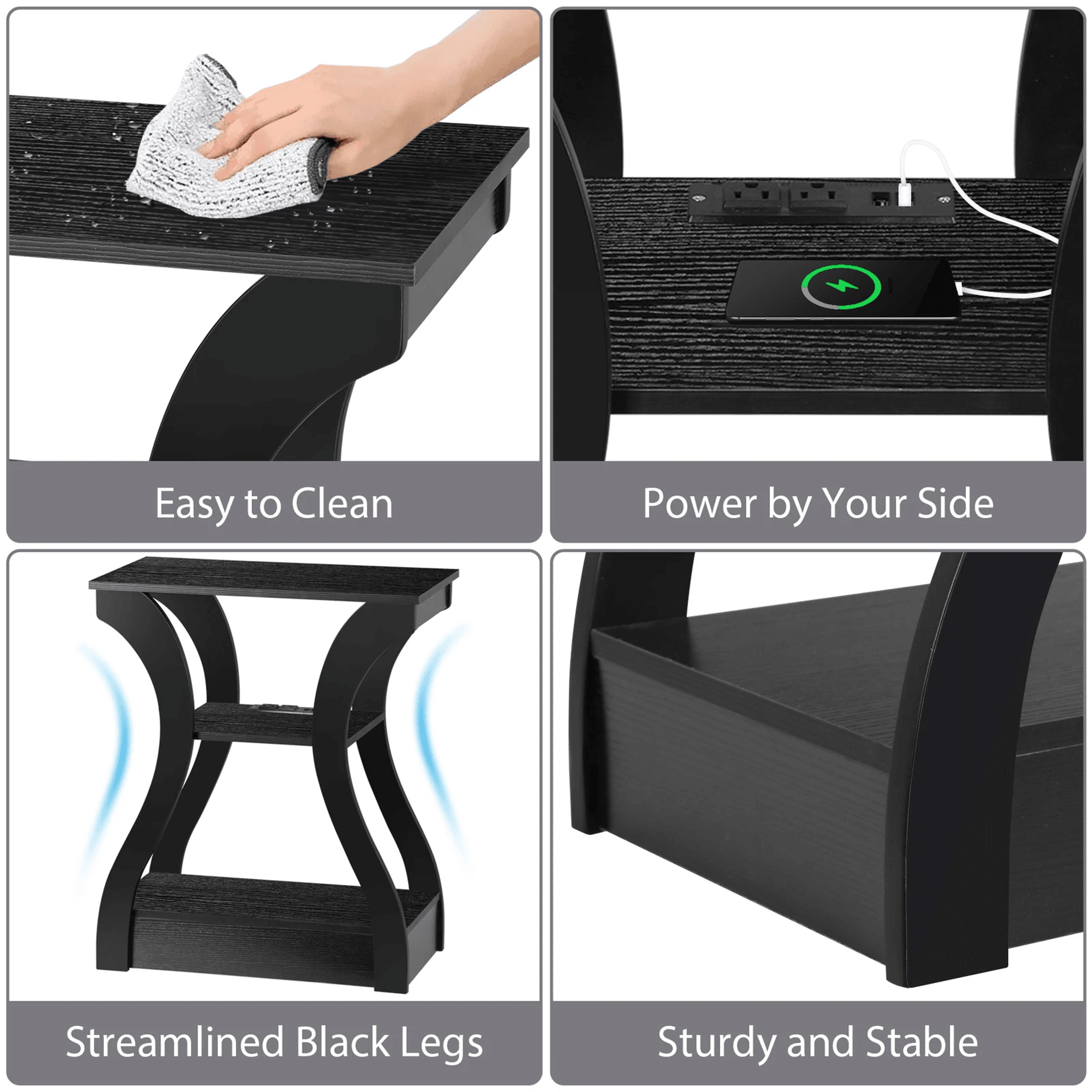 Black 3 Tier End Table With USB Charging Station Storage Shelf For Living Room Stylish And Function 4