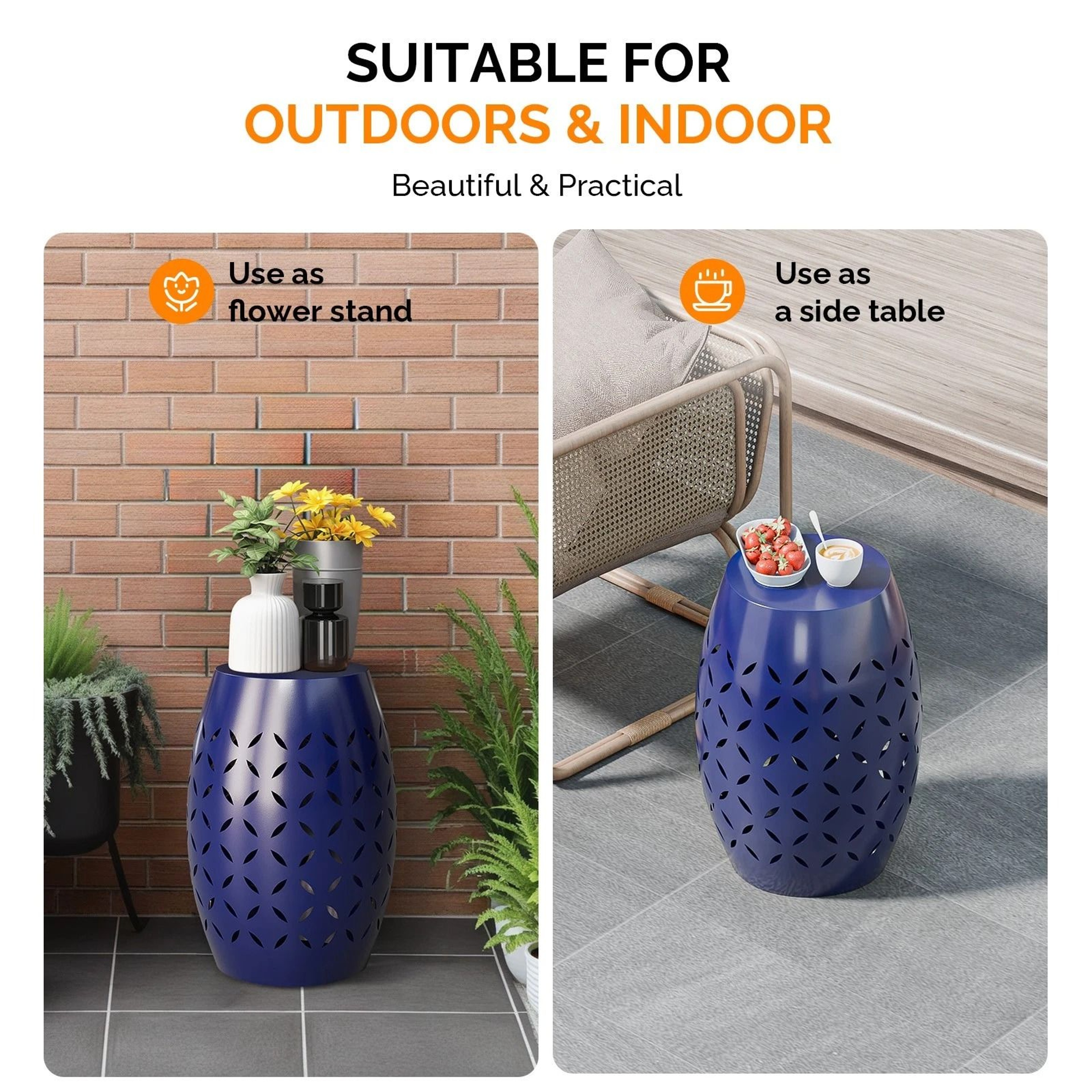 Patio End Table Round Drum Stool Iron AntiRust Metal Side Table For InOutdoor Use 2
