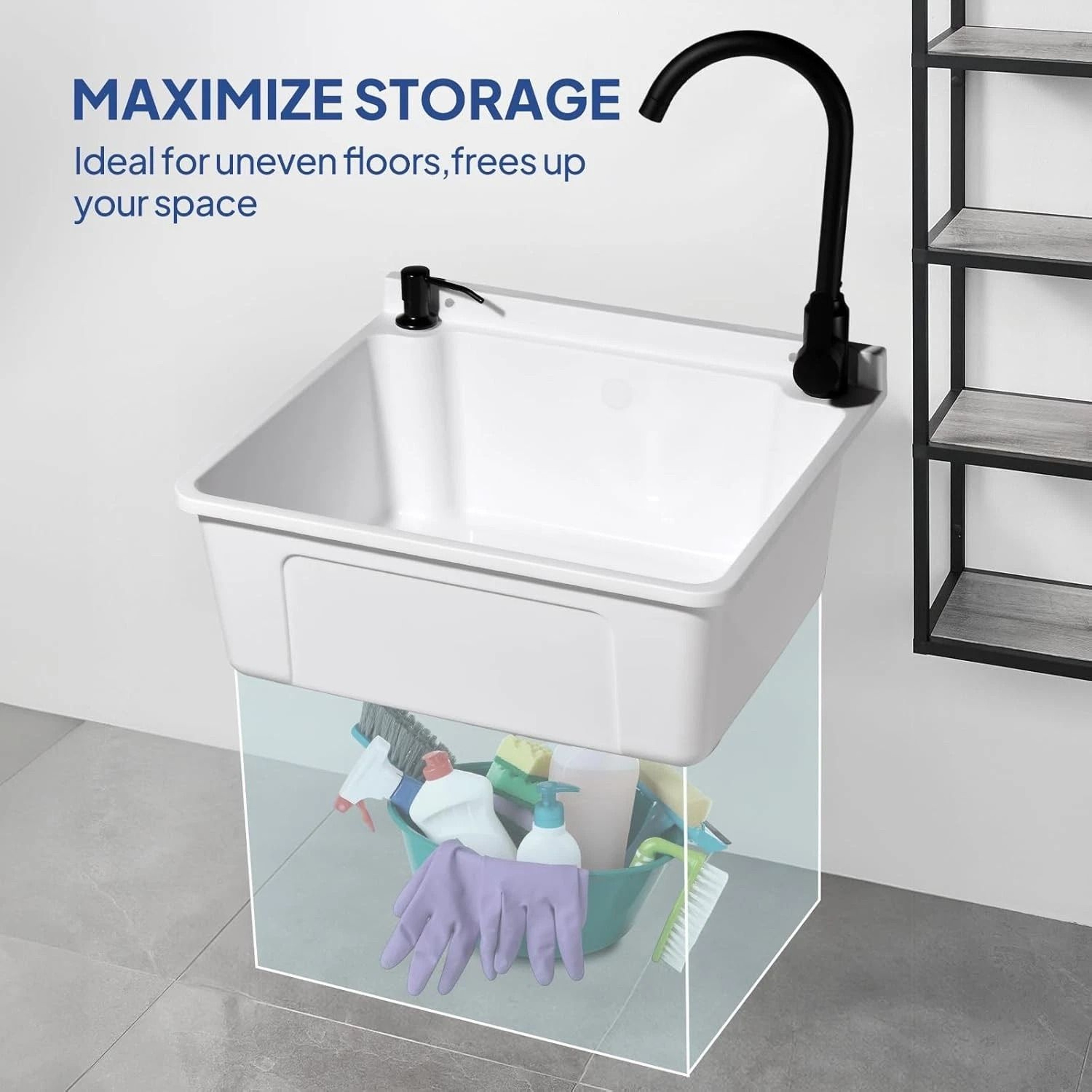 Plastic WallMounted Utility Sink With HotCold Faucet Save Space WhiteBlack 7