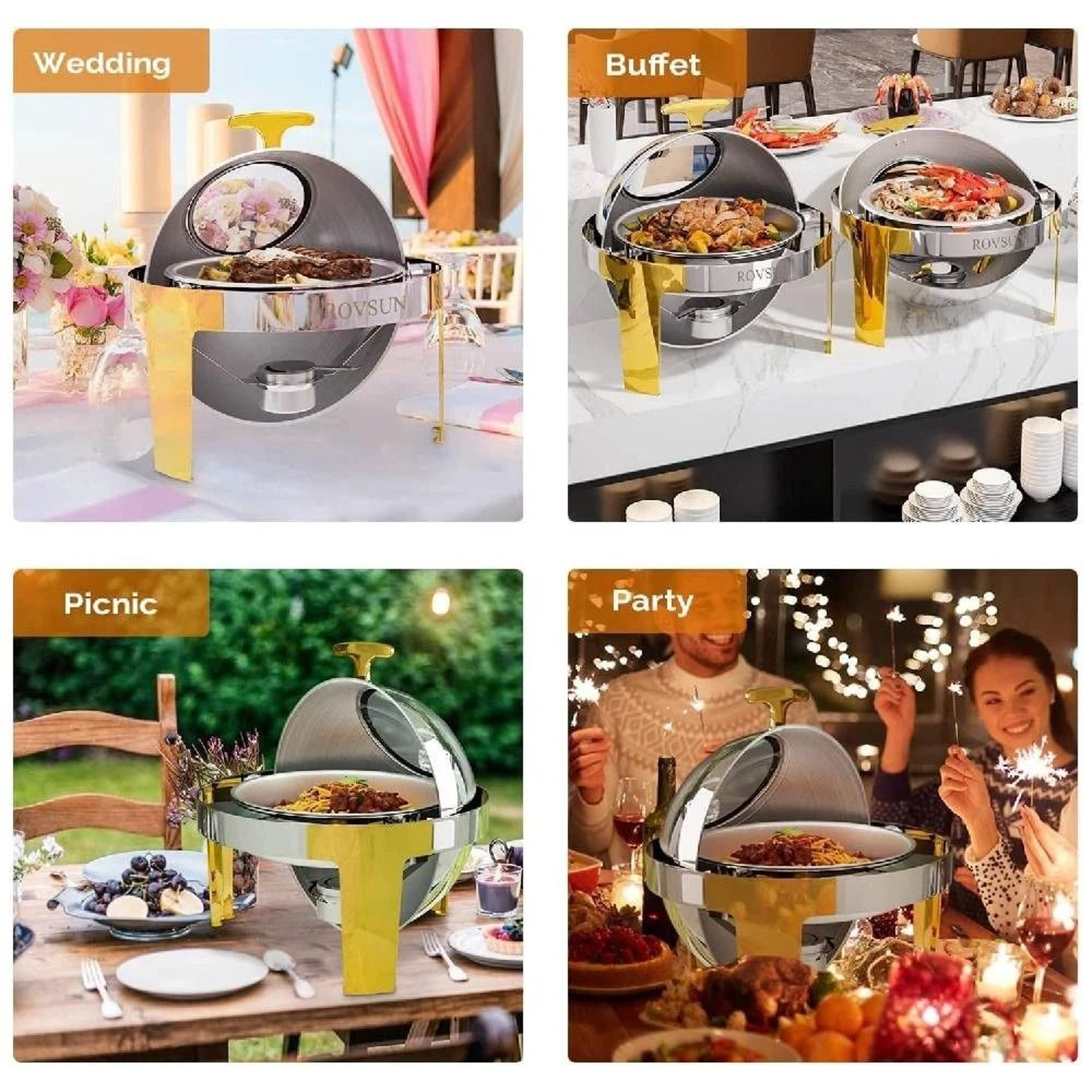 6 Quart Round Chafing Dish Buffet Set Stainless Steel With Glass Window Elegant Gold Finish 1