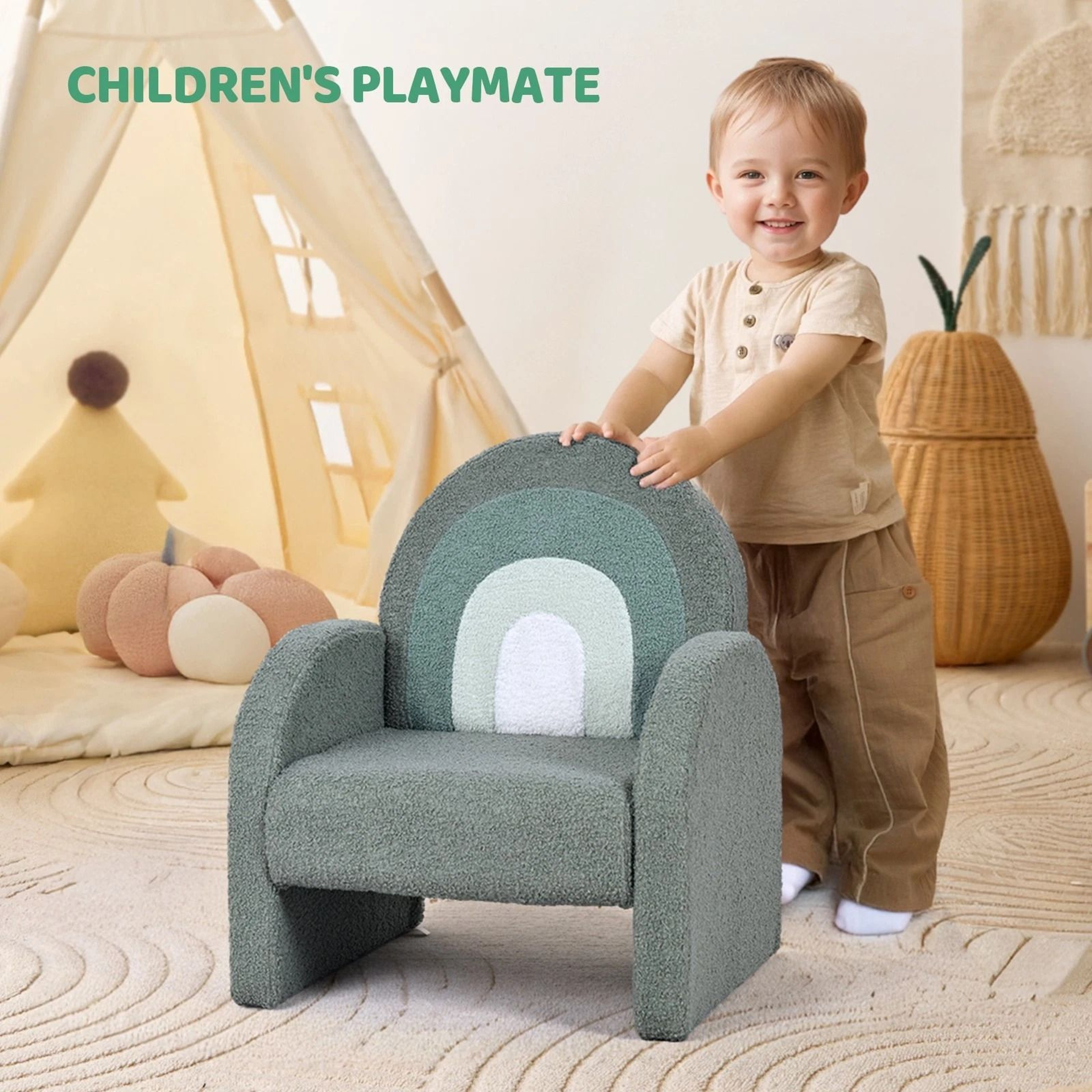 AntiTip Toddler Sofa For Playroom Teddy Fleece Kids Chair With Solid Wood Legs 9