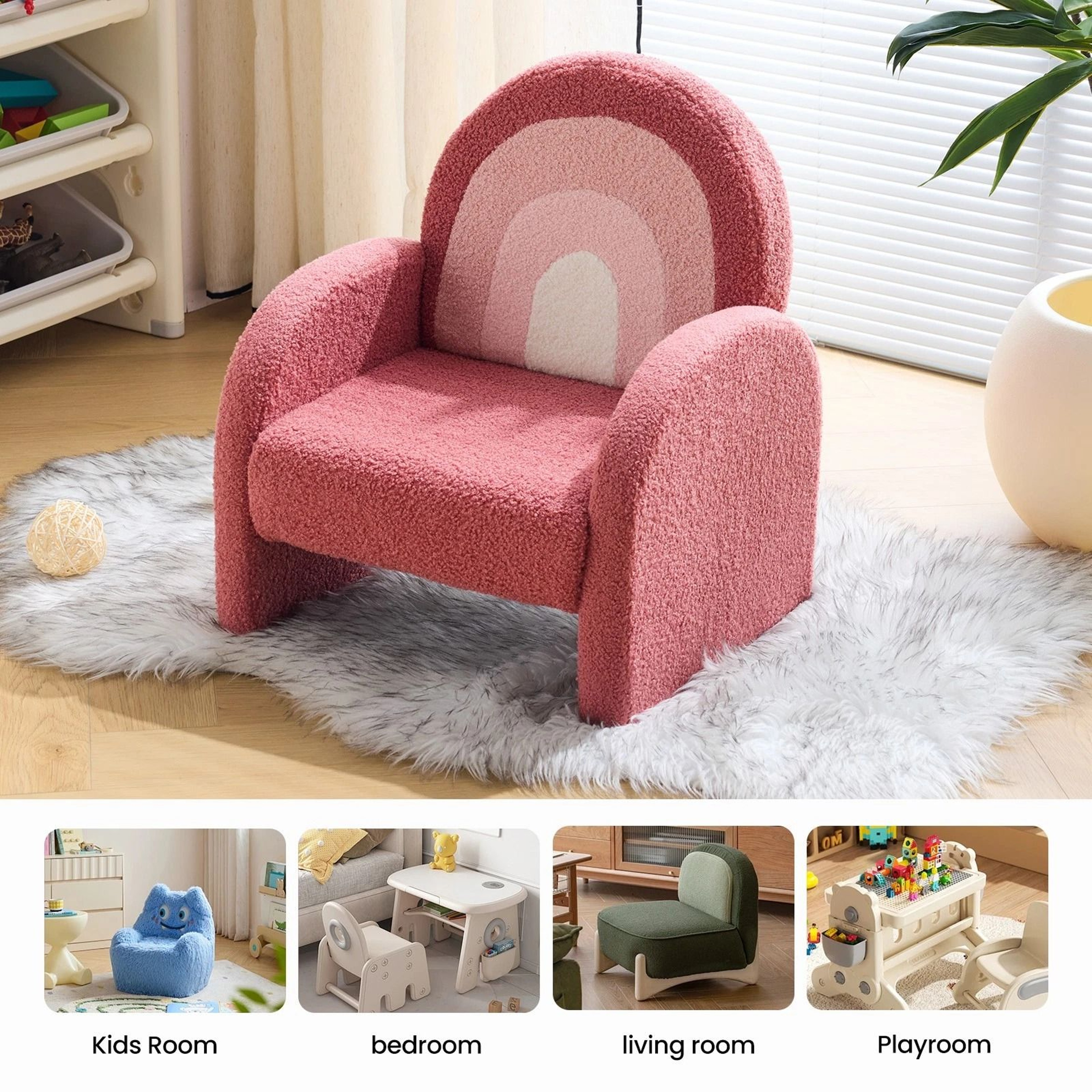 AntiTip Toddler Sofa For Playroom Teddy Fleece Kids Chair With Solid Wood Legs 11