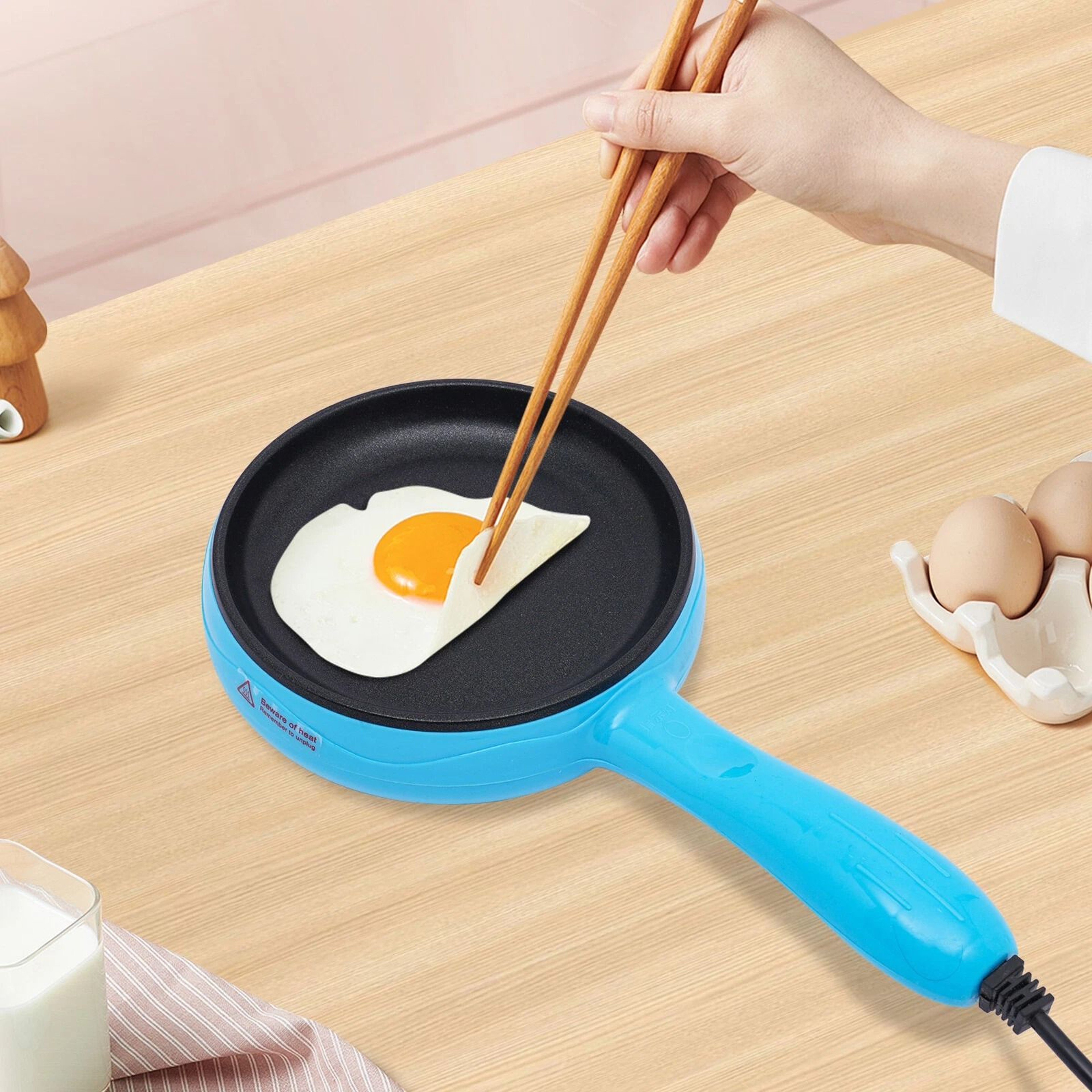 Nonstick Electric Skillet Round Blue Mini Frying Pan Small Electric Skillet 0